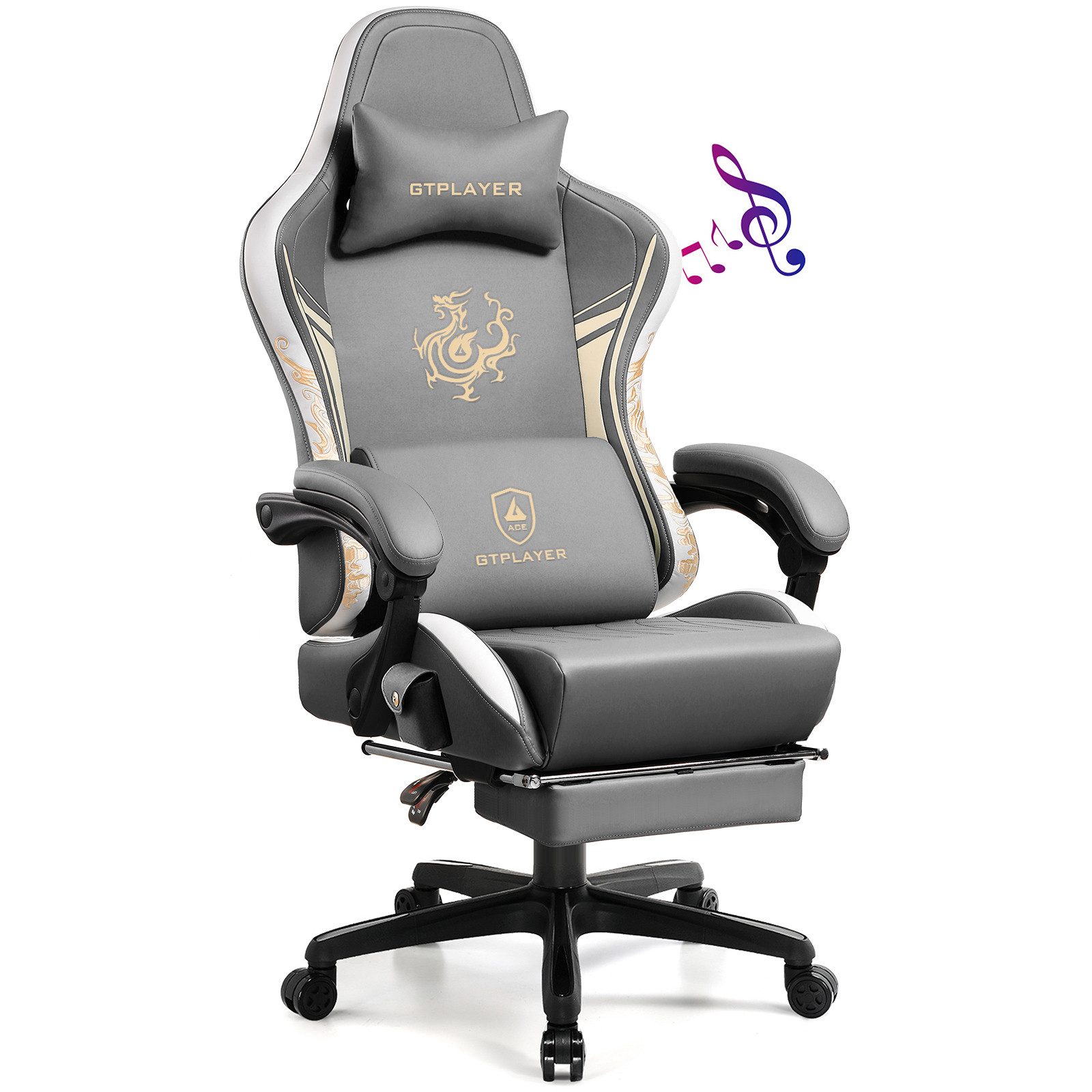 GTPLAYER Gaming-Stuhl Gamer Stuhl mit Bluetooth-Lautsprechern und Fußstütze, Dragon Series, Bürostuhl, Ergonomischer Gaming-Stuhl, Drehsessel, Computerstuhl