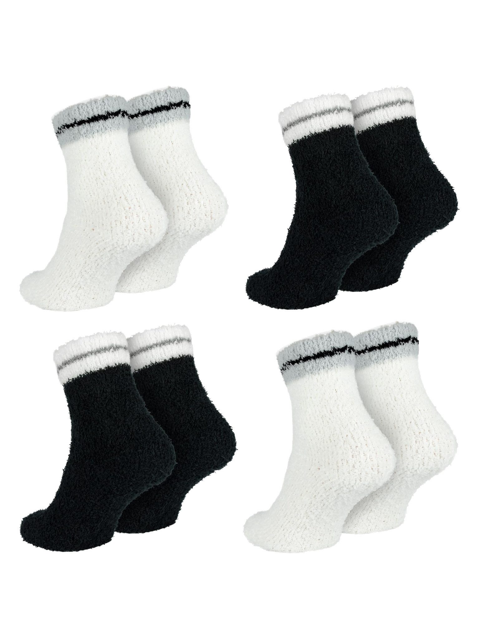 Black Snake Kuschelsocken warme Flauschsocken für Damen für zu Hause und als kleine Geschenkidee (Socken-Set, 4-Paar, Schwarz/Beige One Size) dick und weich gestrickt mit Bündchen am Schaft und zwei Tönen je Set