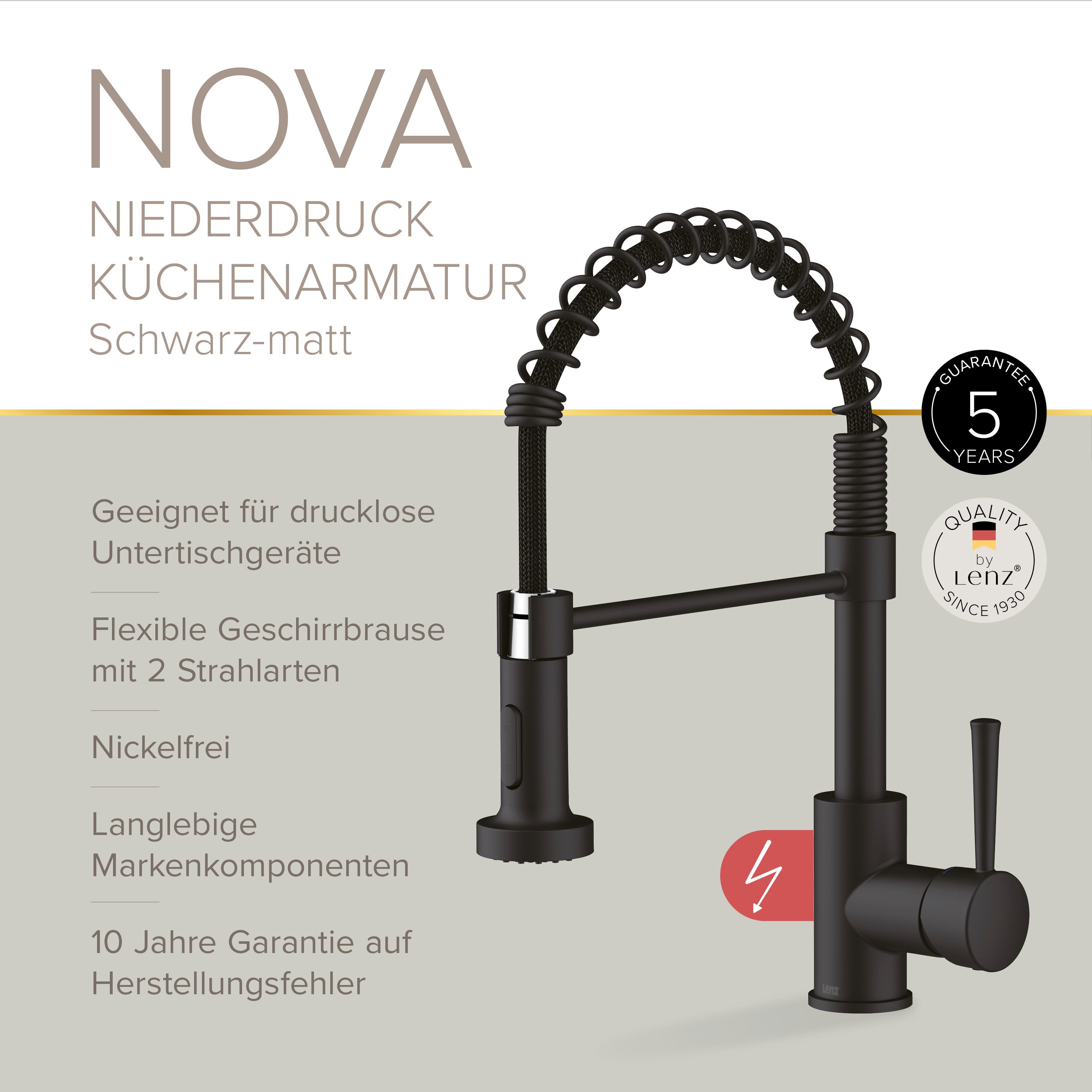 Lenz Küchenarmatur NOVA nickelfrei, 360° schwenkbar, 2 Strahlarten Niederdruckanschluss