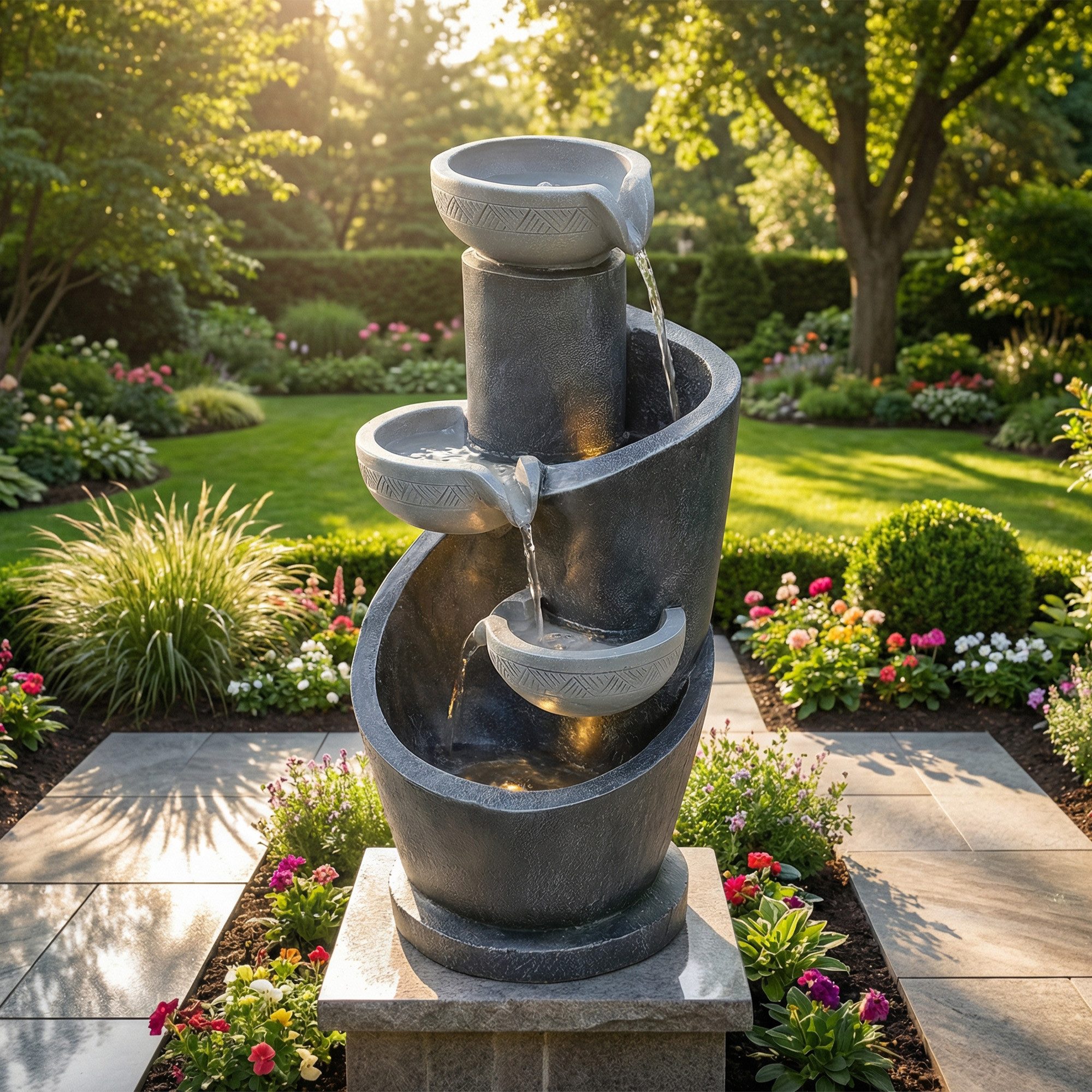 KLAM HOME Gartenbrunnen Gartenbrunnen Grau mit LED & Wasserpumpe, (Dekoratives Wasserspiel mit Kunststein-Optik), Für Garten, Terrasse, Balkon & Innenbereich