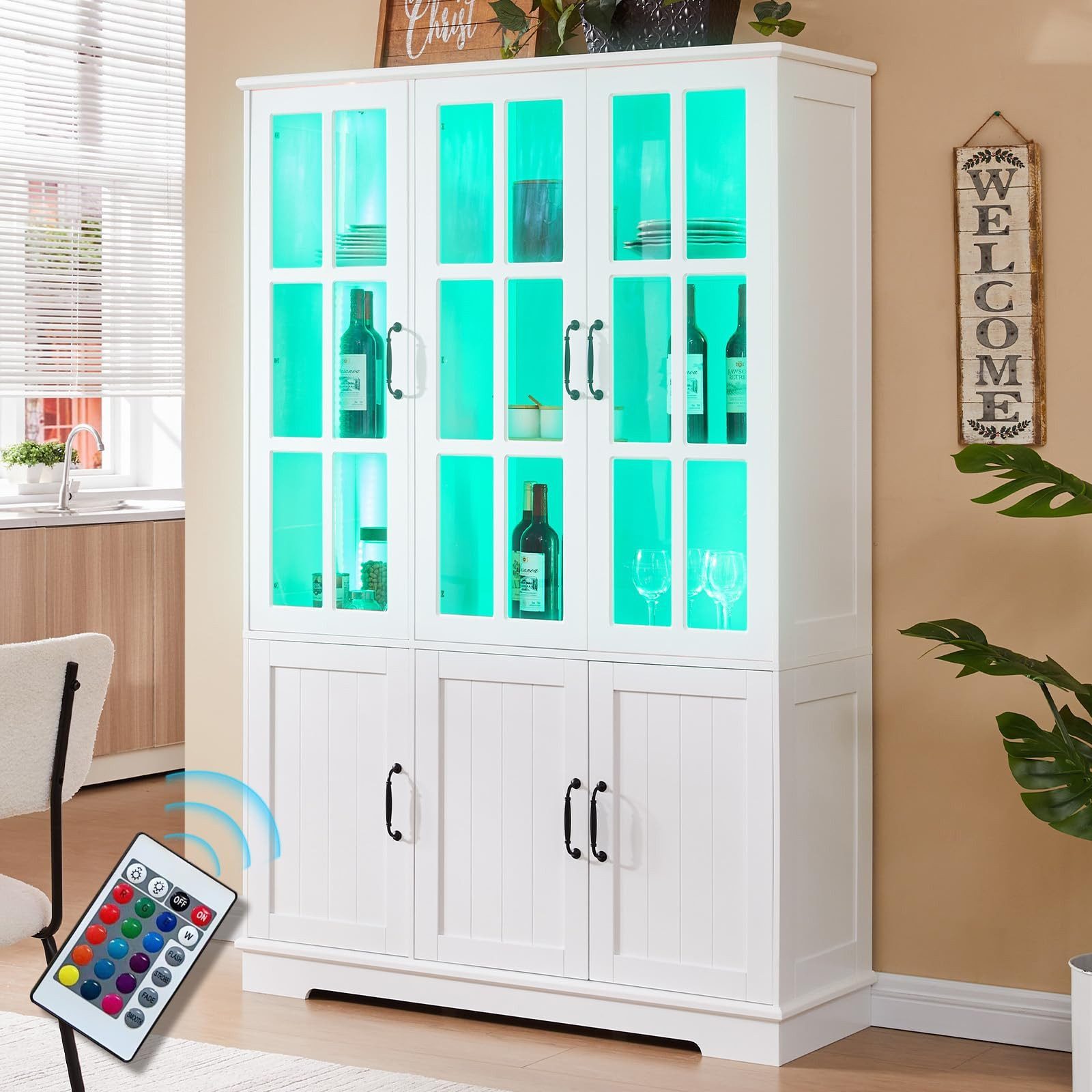 AMERLIFE Vitrine mit LED Beleuchtung, 6 Türen, 8 Einlegeböden, 117x40x180 cm, Weiß (1-St) Hochschrank, Mehrzweckschrank, Stauraumschrank