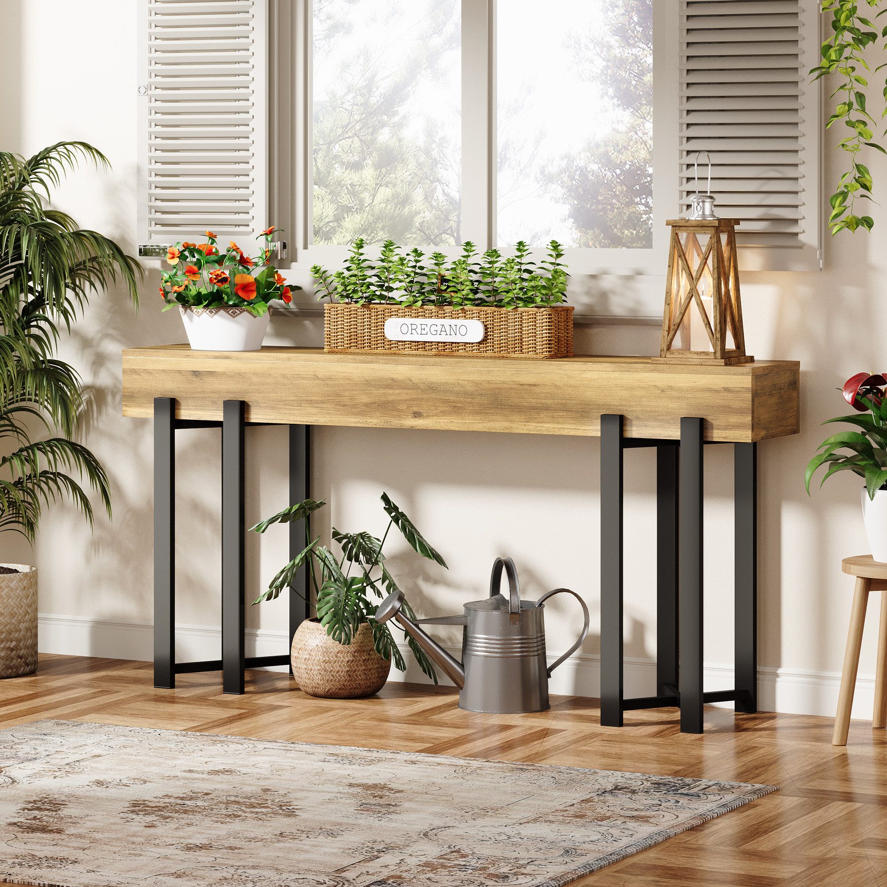 Tribesigns Konsolentisch 160x30cm Landhaus Flurtisch Eiche Optik Metallgestell