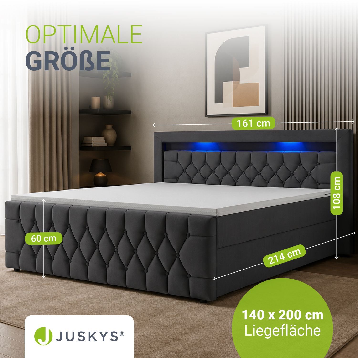 Juskys Polsterbett Leona, 140x200 cm, Boxspringbett-Optik, Samt-Bezug, LED-Licht, H4 Matratze
