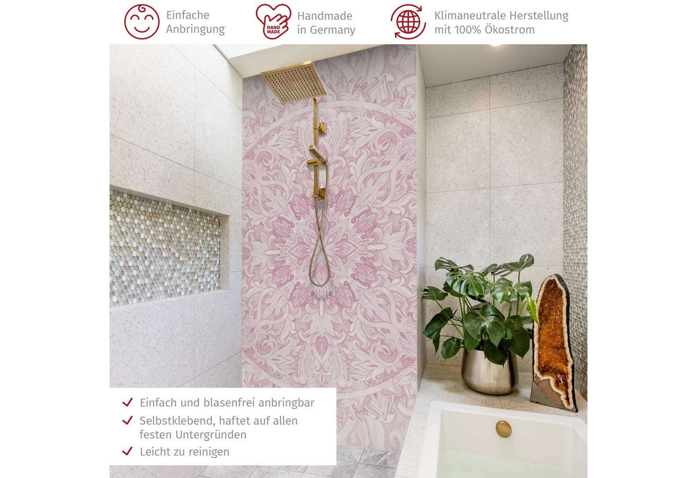 Thumbnail - Bilderdepot24 Badrückwand Mandala rosa Duschrückwand ohne Bohren Dusche Aquarell, (1-tlg., Hart-Folie Premium matt 0,61 ...