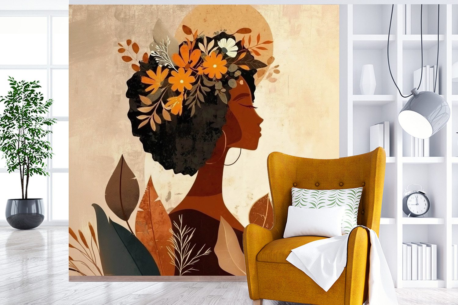 MuchoWow Fototapete Frau - Locken - Blumen - Beige, Matt, bedruckt, Vliestapete für Wohnzimmer Schlafzimmer Küche, Fototapete, 220x220 cm
