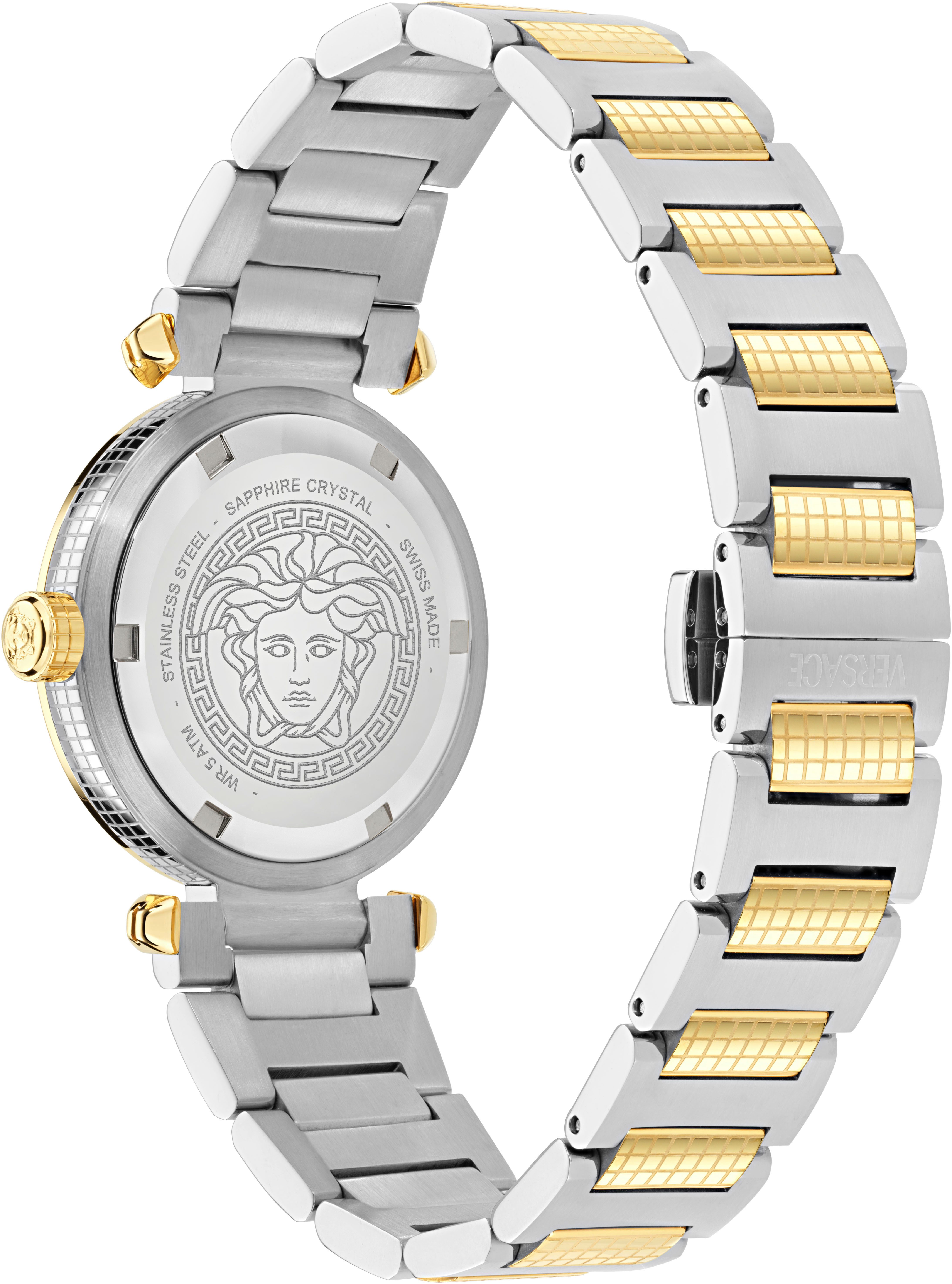 Versace Quarzuhr VERSACE GREEK VE5B00525, Armbanduhr, Damenuhr, Swiss Made, Edelstahlarmband, analog