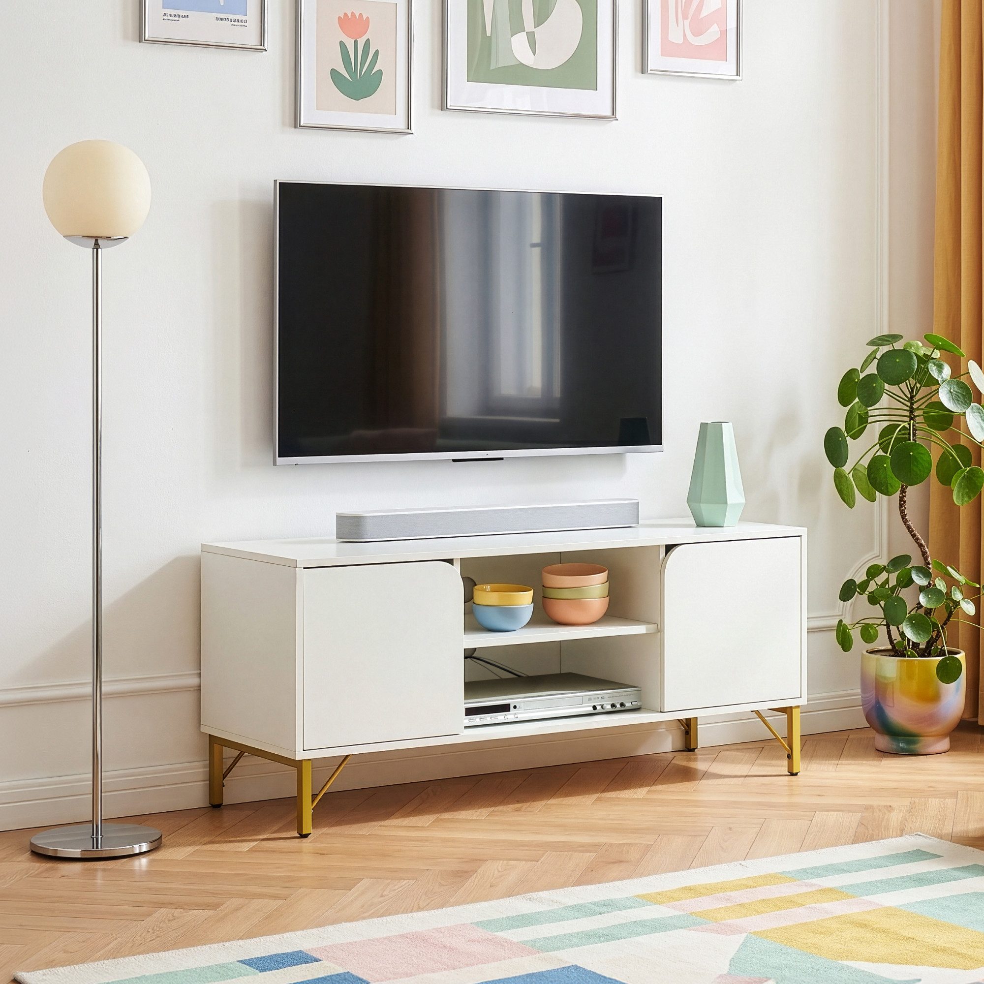 en.casa TV-Schrank »Reyri« mit 2 Türen 120x39x52 cm Metallgestell Weiß/Goldfarben