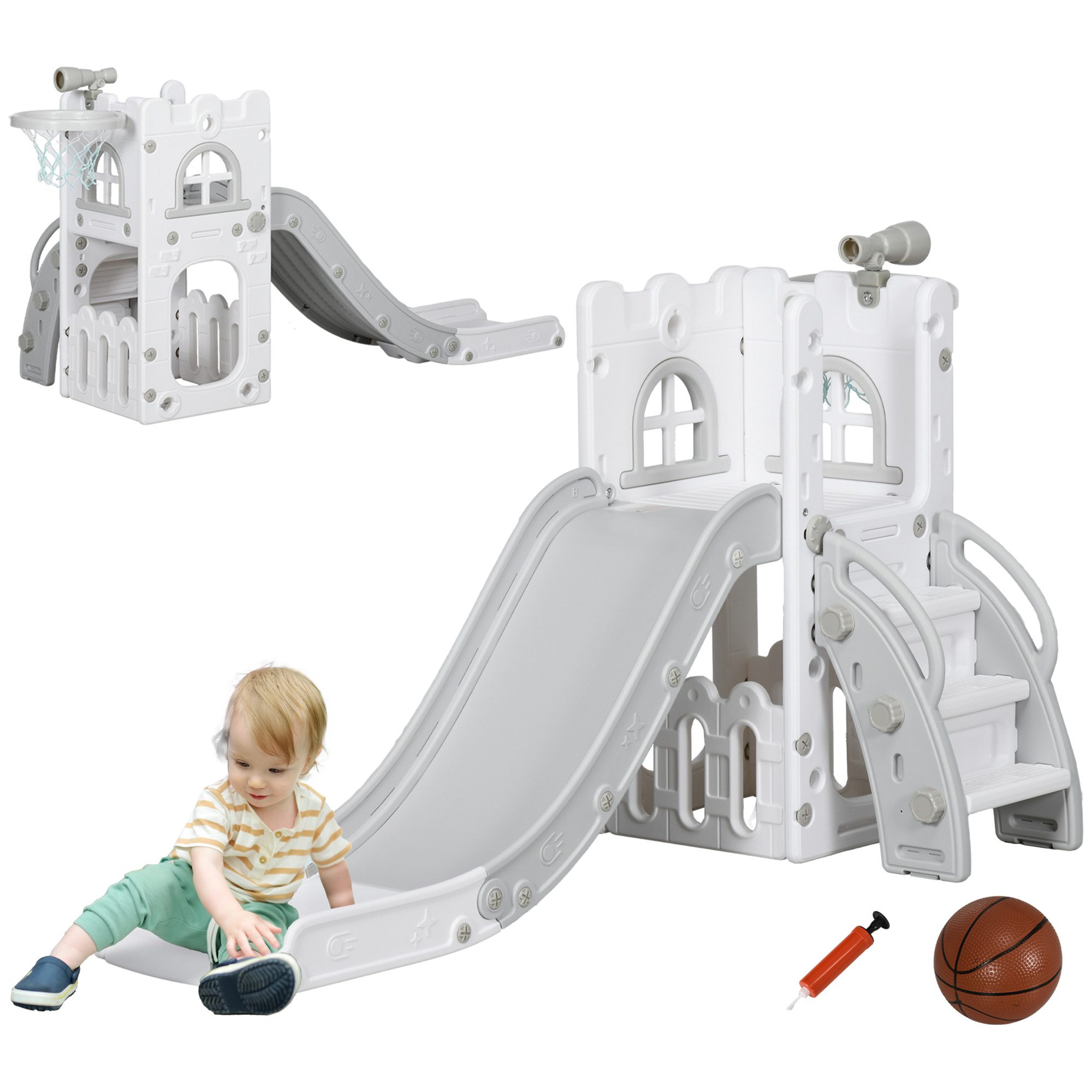 AIYAPLAY Rutsche mit Basketballkorb, Fernrohr, Treppe, (Gartenrutsche, 1-tlg., Babyrutsche), für Kinder 1-3 Jahre, Grau