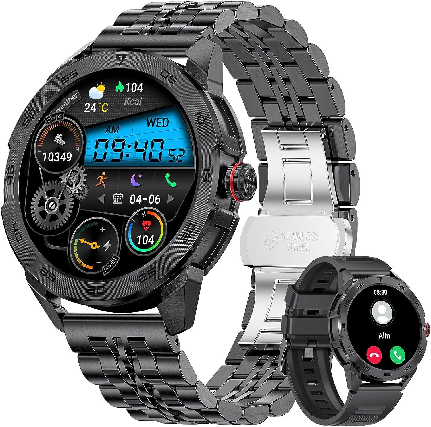 Lige Smartwatch (1,39 Zoll, Android iOS), mit Telefonfunktion Touchscreen 100+ Sportmodi Metallband Fitnessuhr