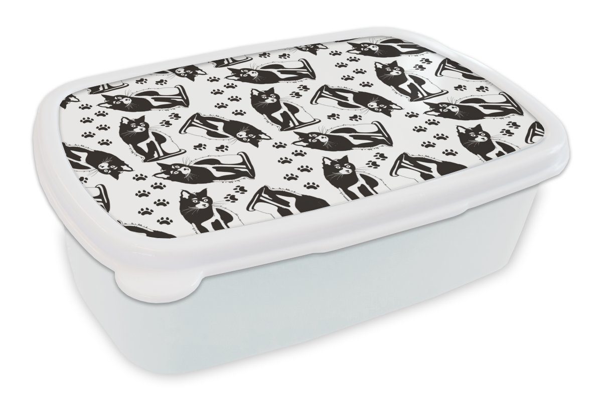 MuchoWow Lunchbox Muster - Katze - Schwarz - Weiß - Jungen - Mädchen - Kinder - Kind, Kunststoff, (2-tlg), Brotbox für Kinder und Erwachsene, Brotdose, für Jungs und Mädchen