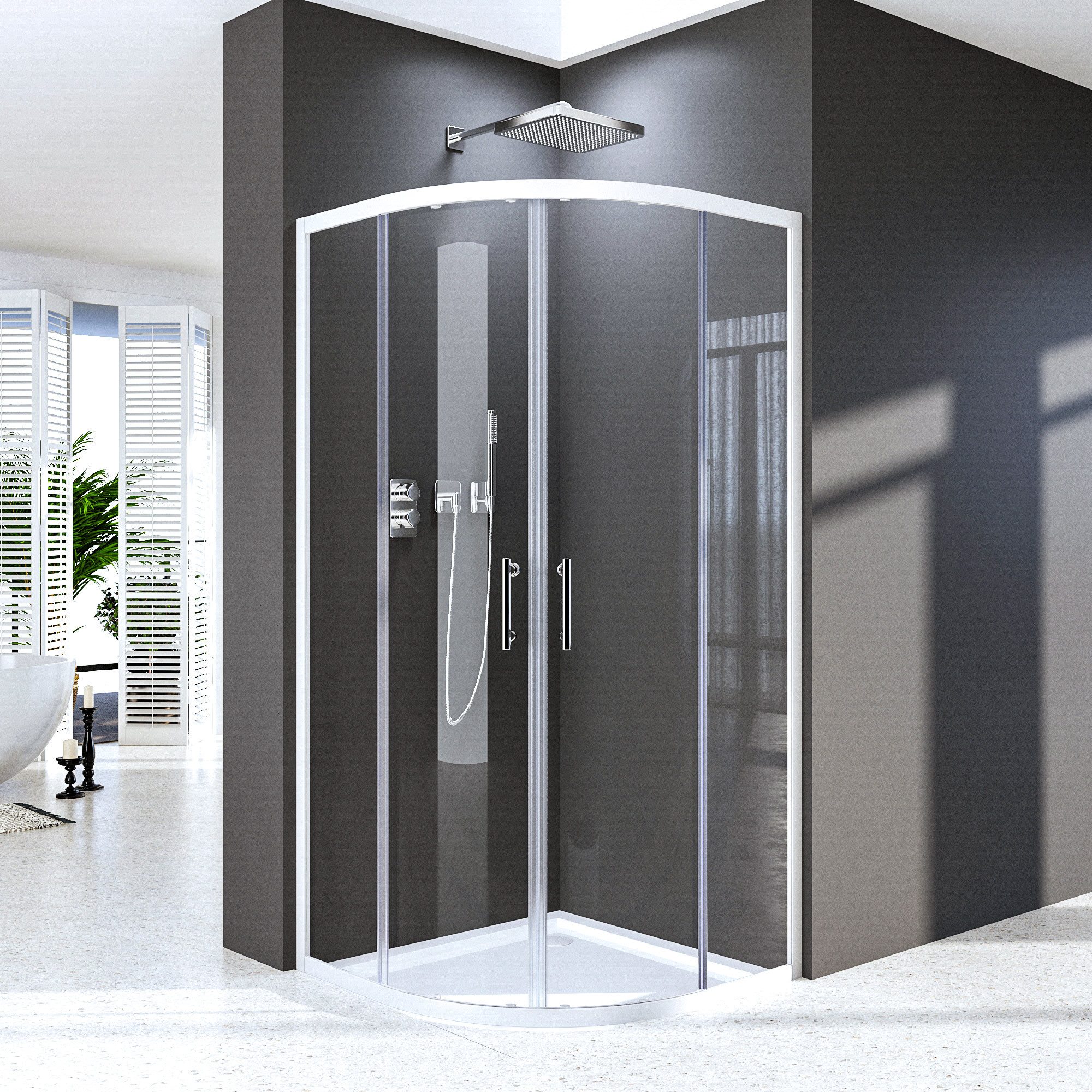 Hopibath Runddusche Duschkabine 90x90 Rund, BxT: 90x90 cm, 5mm Sicherheitsglas, Viertelkreis, radius 55 cm, 16 Türrollen, Alurofile, Alurahmen, Magnetverschluss