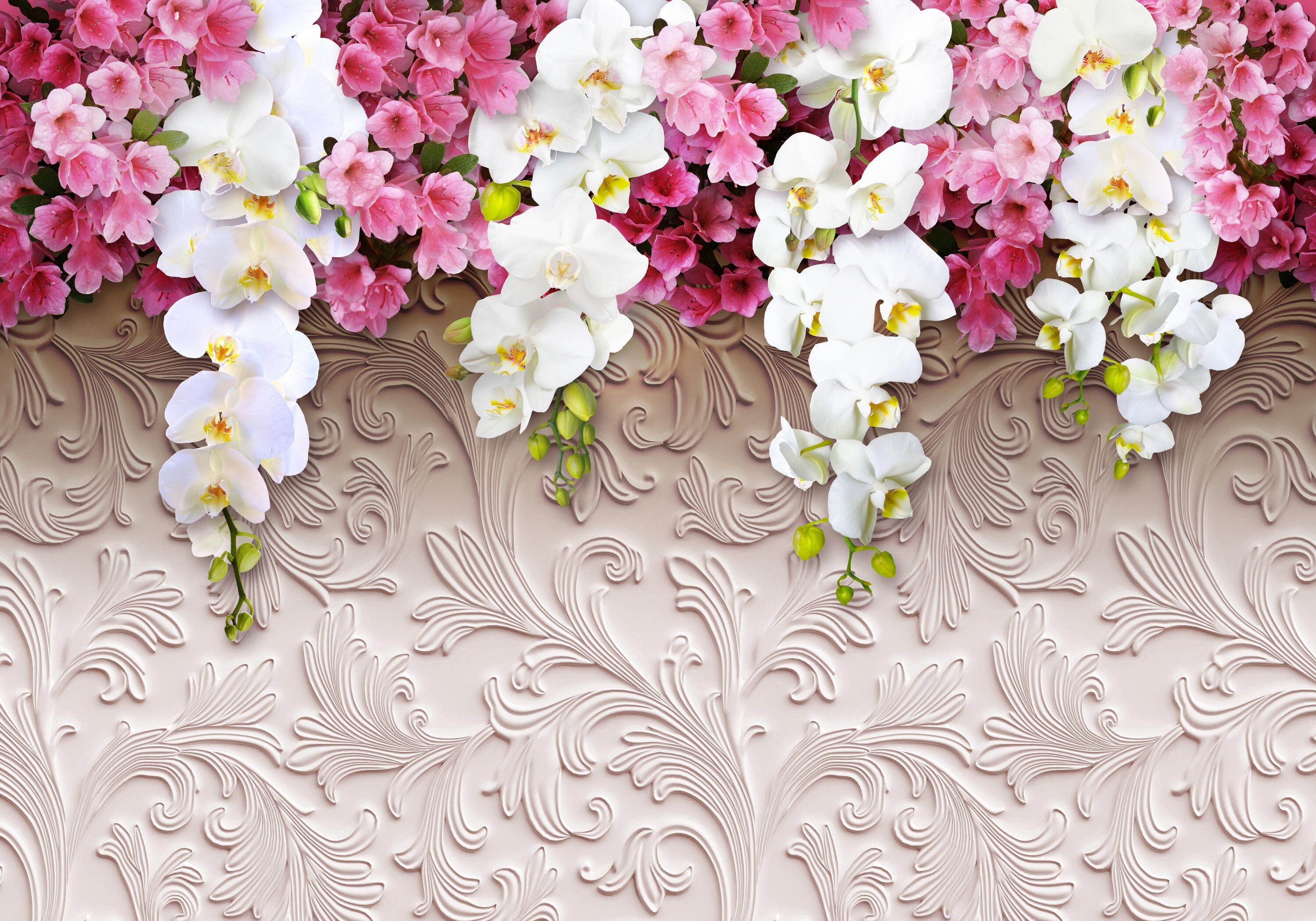 wandmotiv24 Relief, Muster Vliestapete Blumen matt, Motivtapete, Orchideen Wandtapete, Fototapete Stuck glatt, 3D