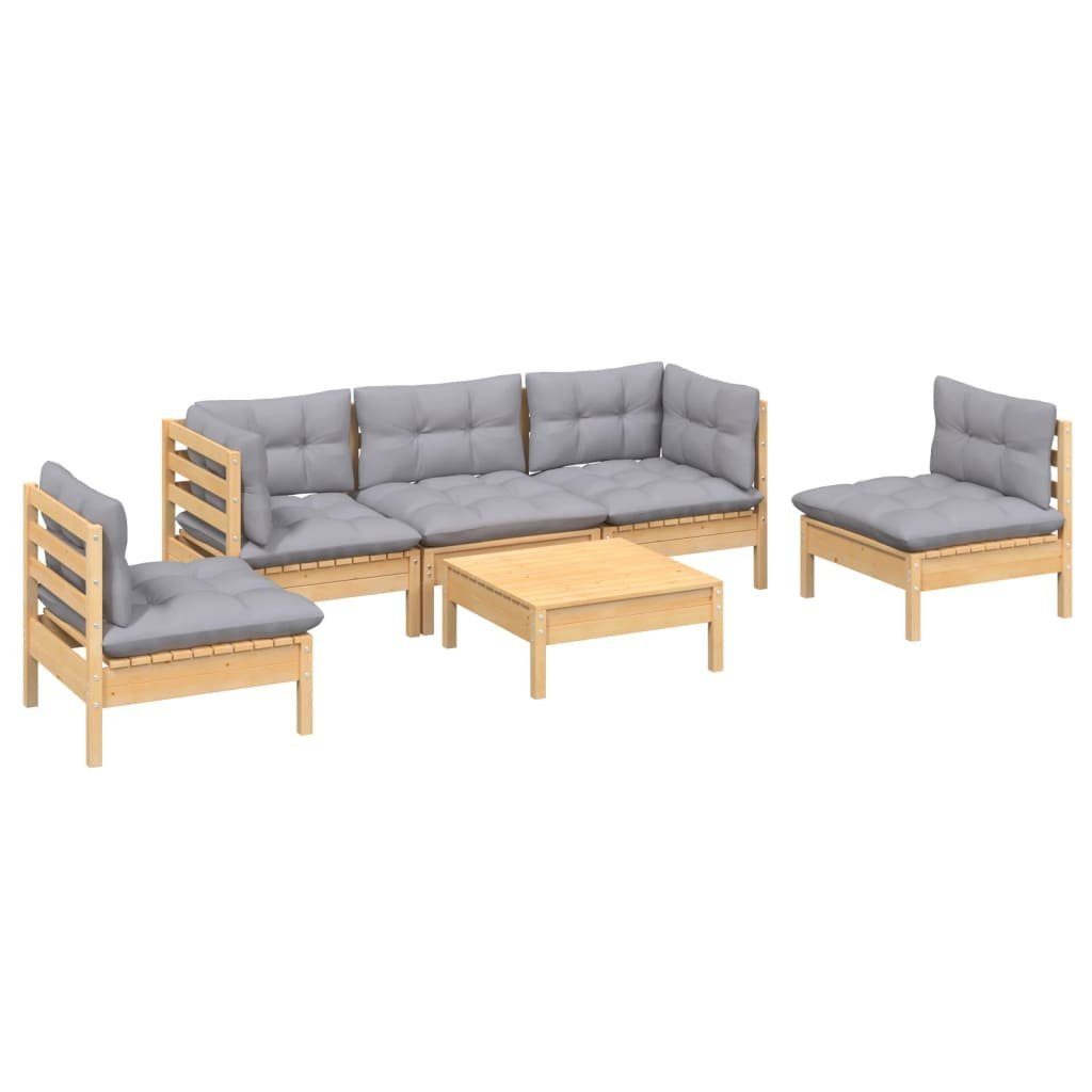 vidaXL Gartenlounge-Set 6-tlg. Garten-Lounge-Set mit Grauen Kissen Kiefer Massivholz, (1-tlg)