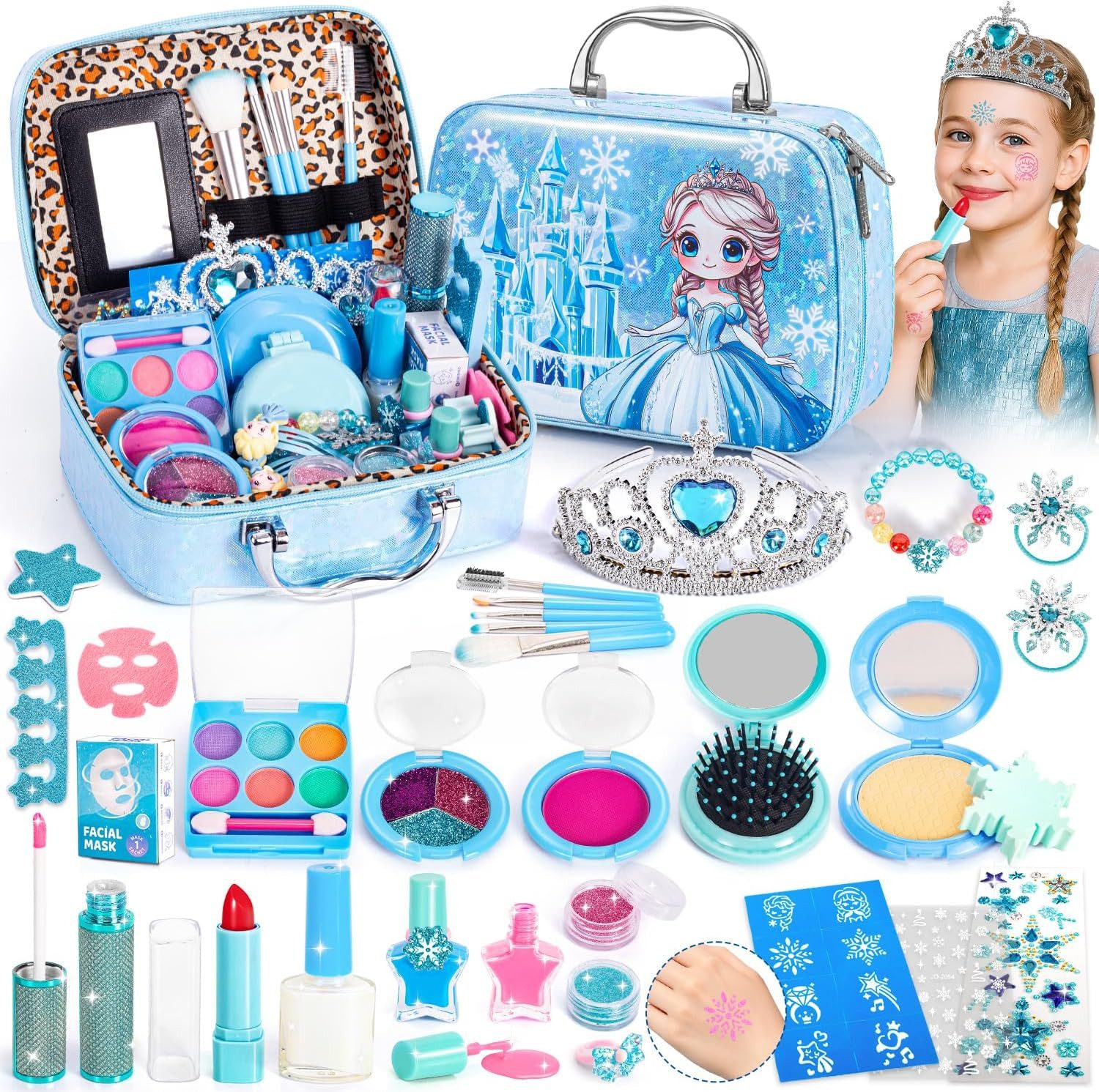 Hohosunlar Kosmetik-Koffer Kinder Make up Set 34 teilig Prinzessin Schminkkoffer abwaschbar, 34-tlg., Make up Set Kinder 34 Teile Tasche Schmuck Zubehör Prinzessin, Spielzeugartikel ohne deklarationspflichtige kosmetische Inhaltsstoffe