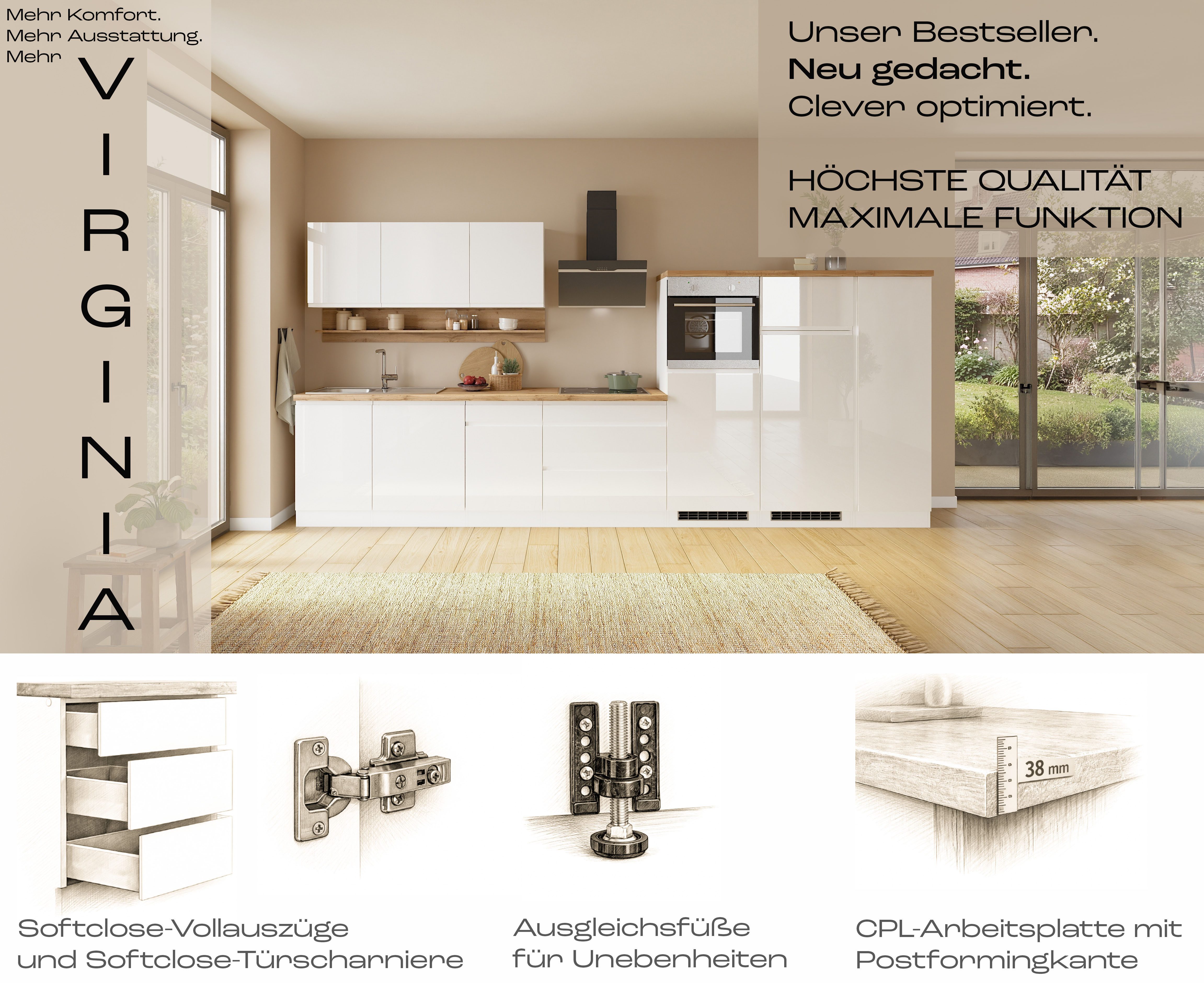 KOCHSTATION Küchenzeile KS-Virginia,neu in verbesserter Ausführung, Breite 290 cm, Soft-Close, wahlweise mit Induktionskochfeld
