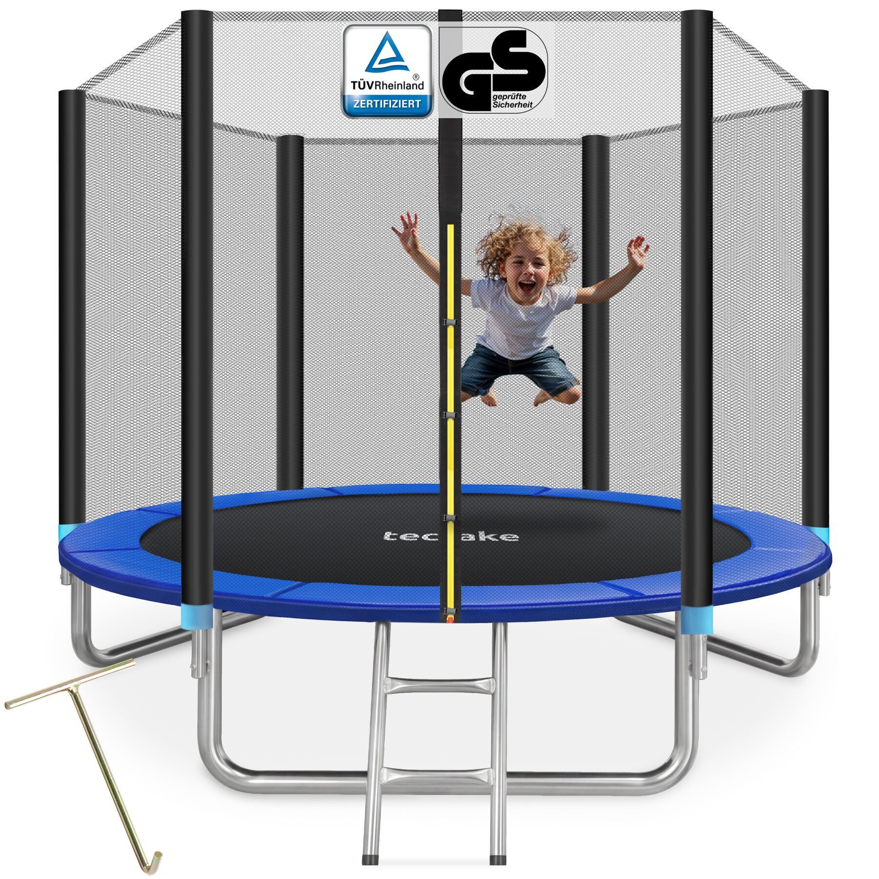 tectake Gartentrampolin Kindertrampolin mit Einstiegsleiter und Sicherheitsnetz Ø 244 cm, (Outdoortrampolin Garfunky, in schwarz/blau), GS zertifiziert, Randabdeckung, reißfestes Sprungtuch