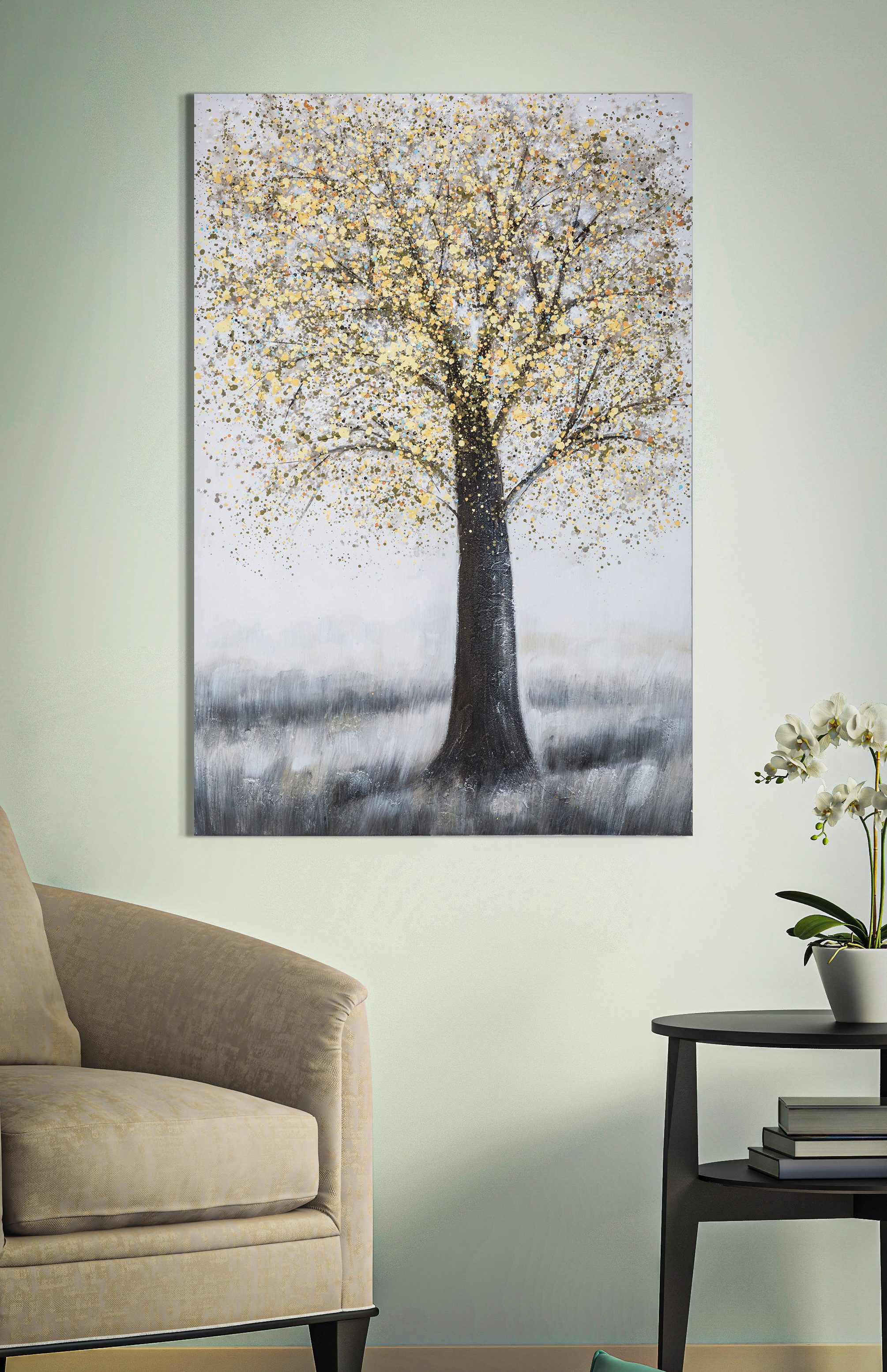 MF Leinwandbild Golden Silence Wandbild Baum Grau Gold 80x120 cm Leinwandbild Modern, (1 St)