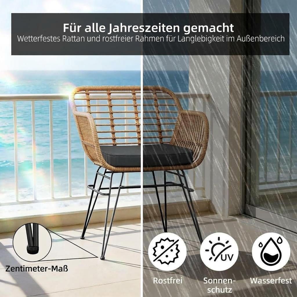 GarveeMore Balkonset Für 2 Personen,3-TLG Outdoor Rattan Sitzgruppe,Gartenmöbel, Rattan, Metall, wasserabw., 2 Sessel + Glas, für Balkon & Garten