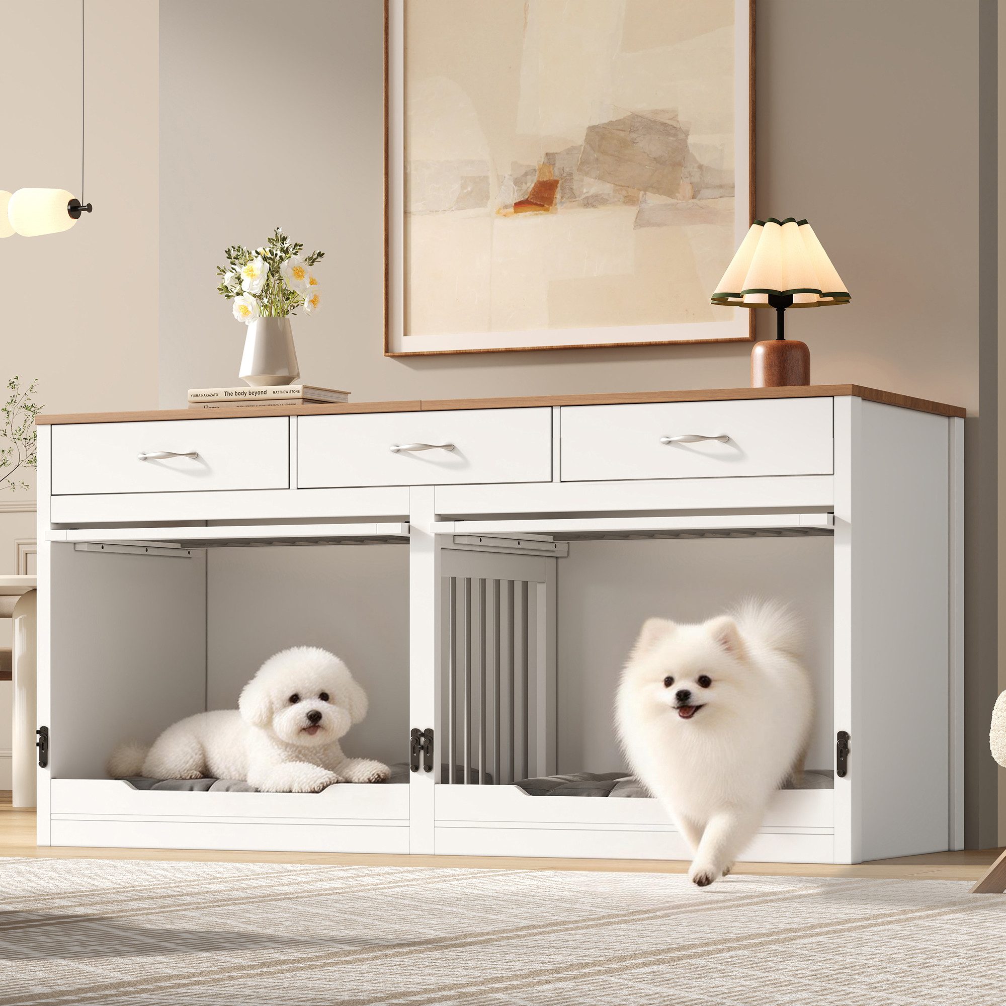 REDOM Hundehütte XXL-Hundekäfig 164x81x60 cm, Weiß/Natur, MDF+Metall, mit 3 Schubladen & Trennwand