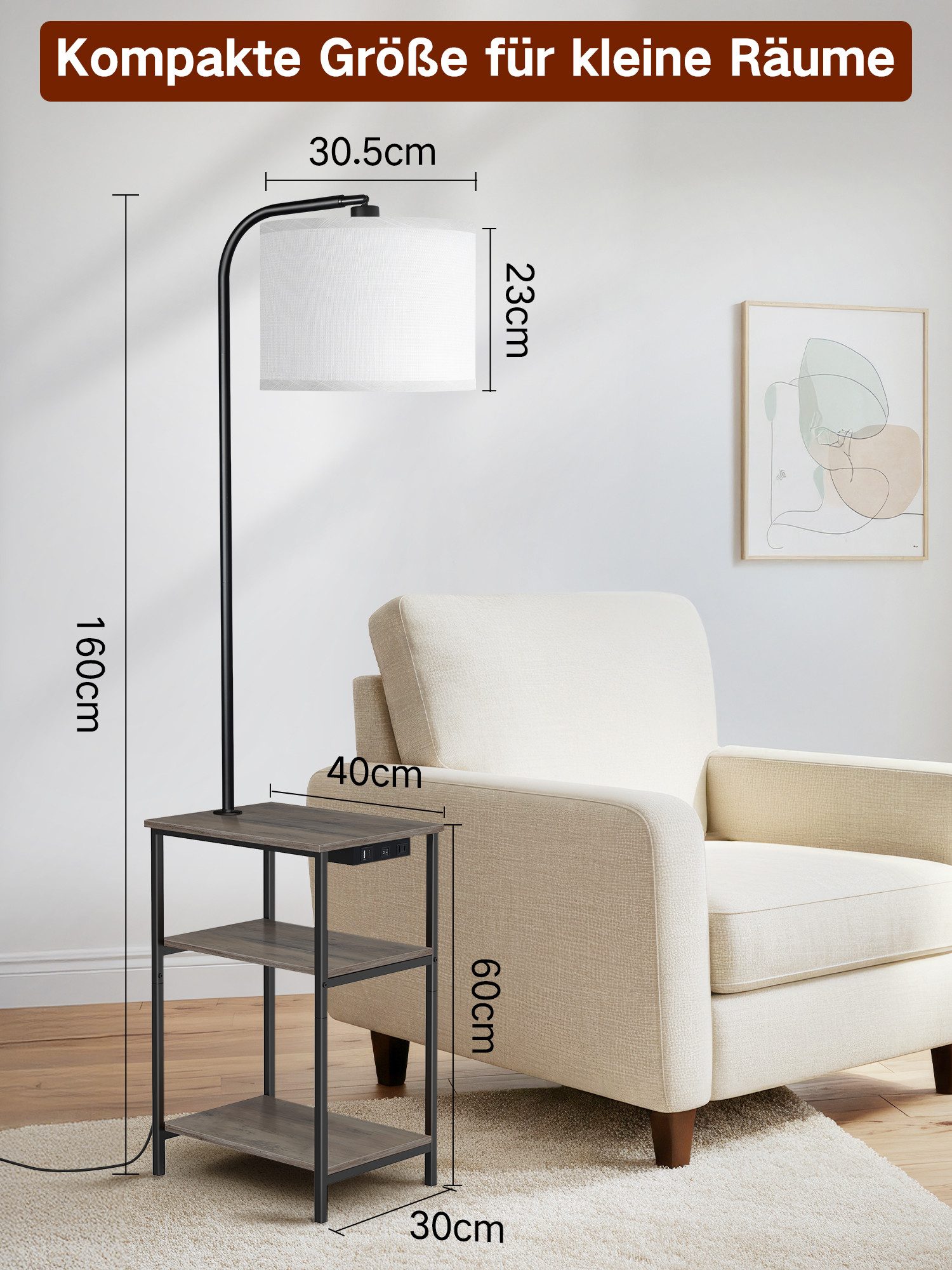 OUTON Stehlampe LED-Tisch mit 2 Stoffschubladen/3 Ablagen & USB