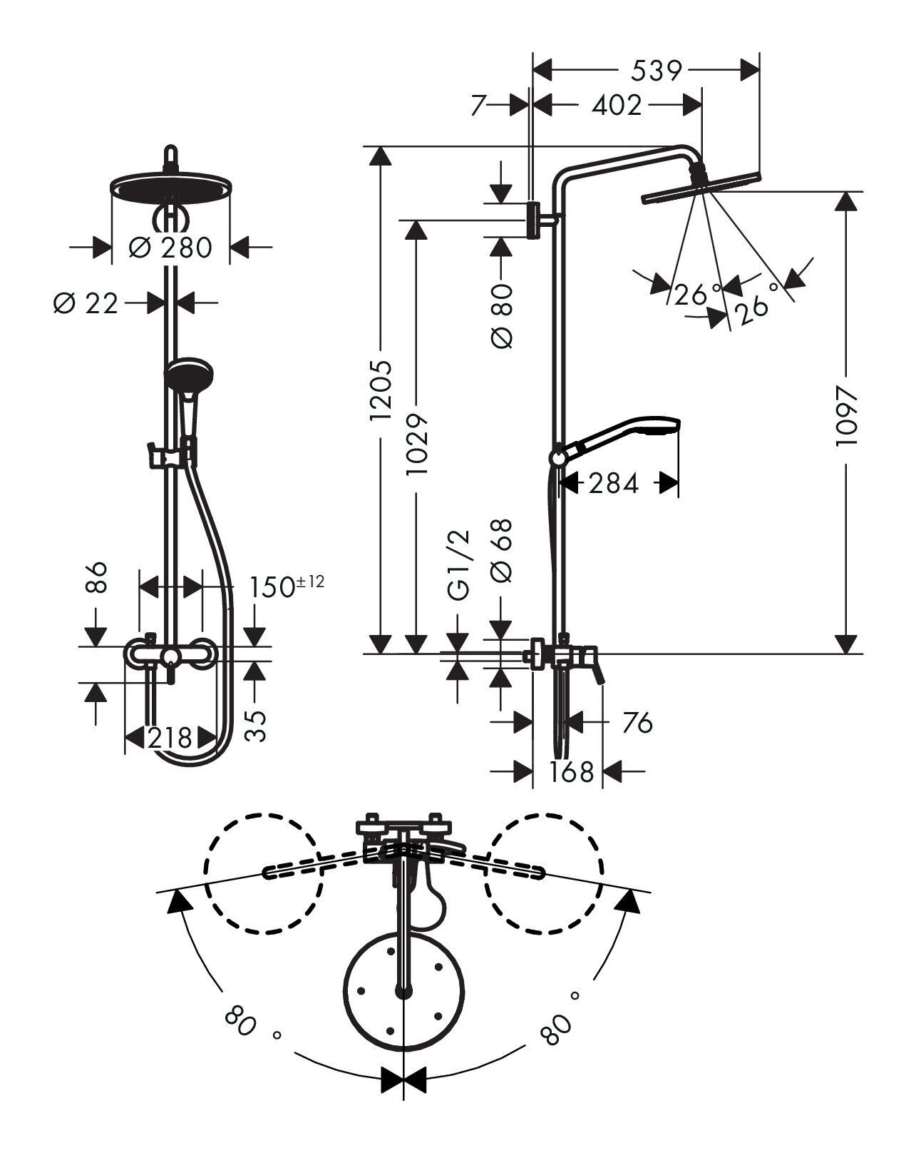 Einhebelmischer cm, Höhe 120.5 Duschsystem Croma Chrom mit 280 S - Showerpipe, Select hansgrohe 1jet