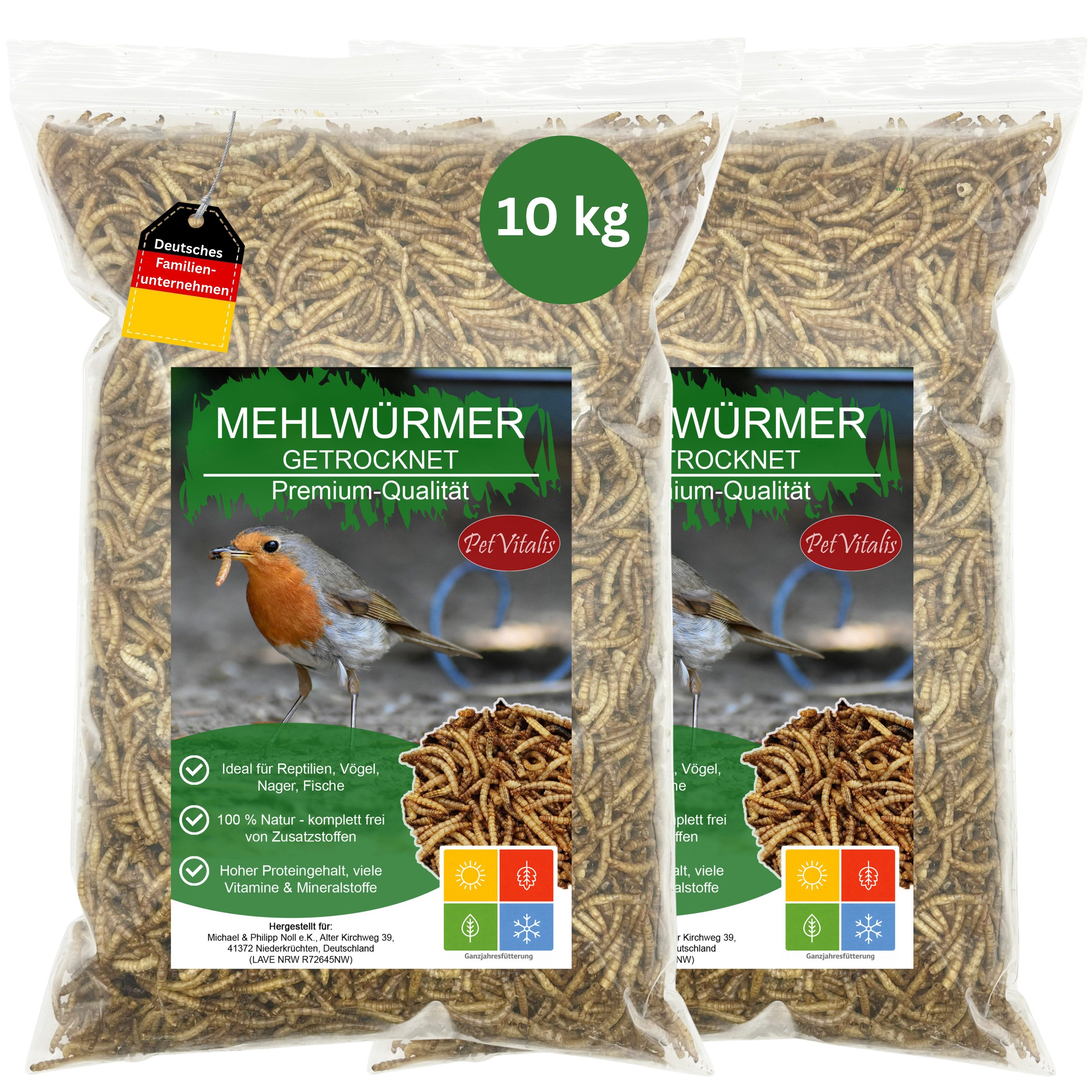 PetVitalis Getrocknete Mehlwürmer – Einzelfuttermittel als Vogelfutter-Ergänzung, Ergänzungsfutter für: Reptilien, Fische, Meerschweinchen, Wildvögel, Igel, Nager, Schildkröten, Eichhörnchen