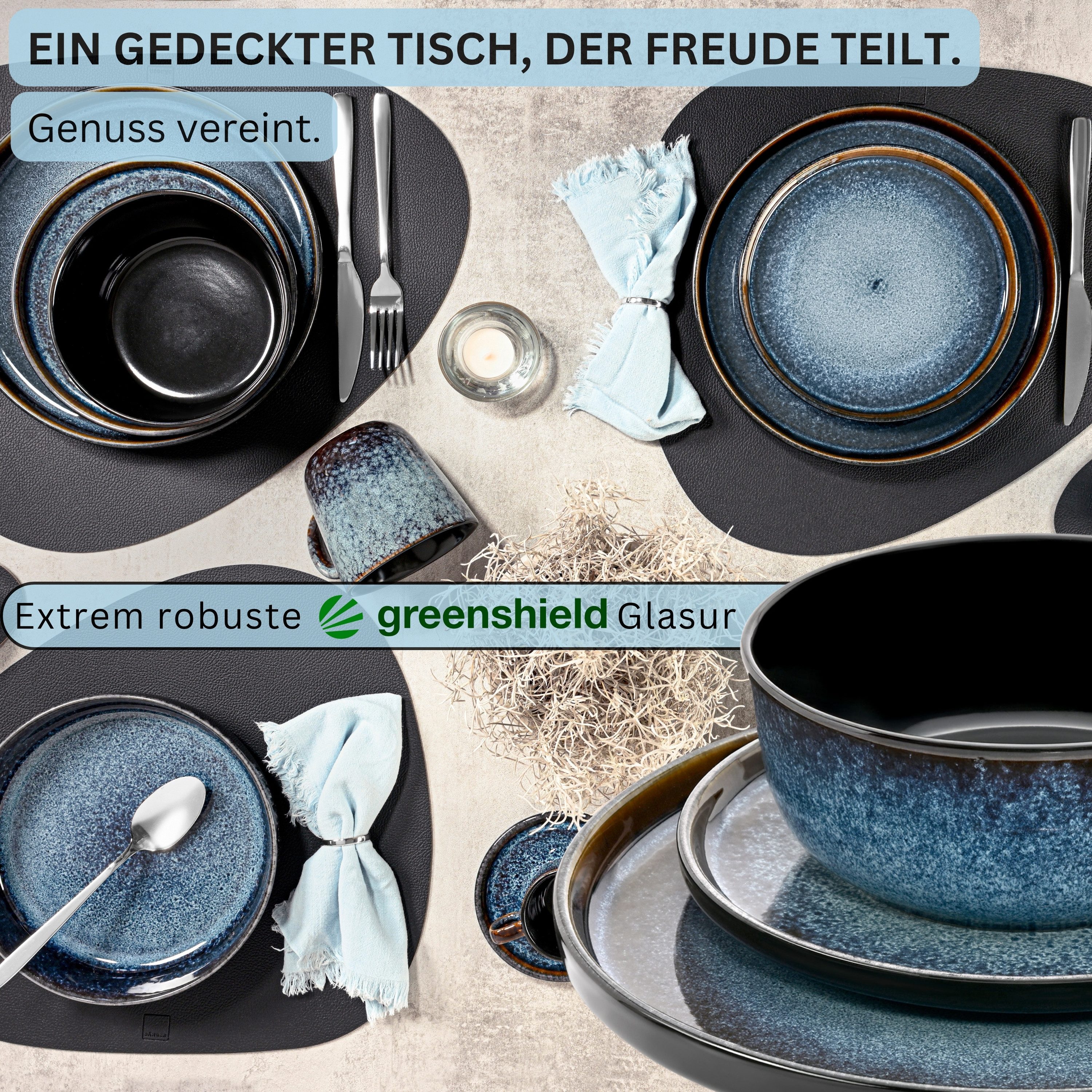 SÄNGER Geschirr-Set Osaka Blau mit schwarzem Rand (18-tlg), 6 Personen, Steingut, Handmade, Erweiterbar, VALUE COLLECTION