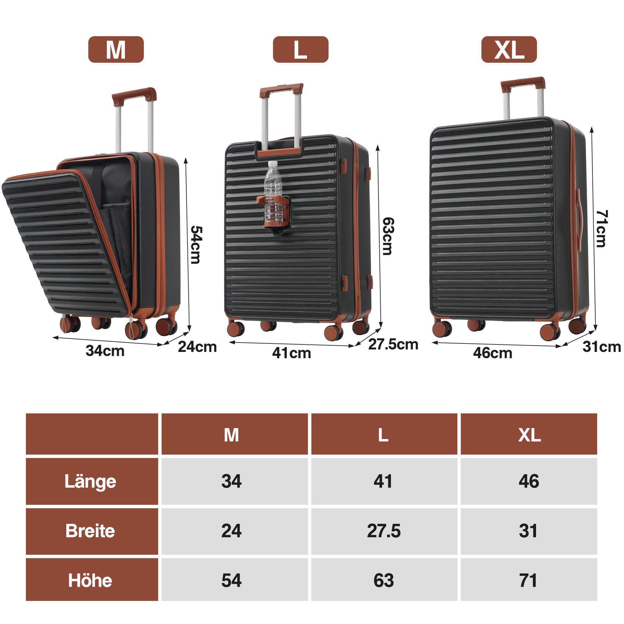 OKWISH Trolleyset Dreiteiliges Gepäckset, M (20 Zoll), L (24 Zoll), XL (28 Zoll), 4 Rollen, (Gepäckset, Reisekoffer aus ABS-Material, 3 tlg., praktischen Getränkehaltern,TSA-Schloss und 360°-Rollen), mit Front-Öffnung (M,L)