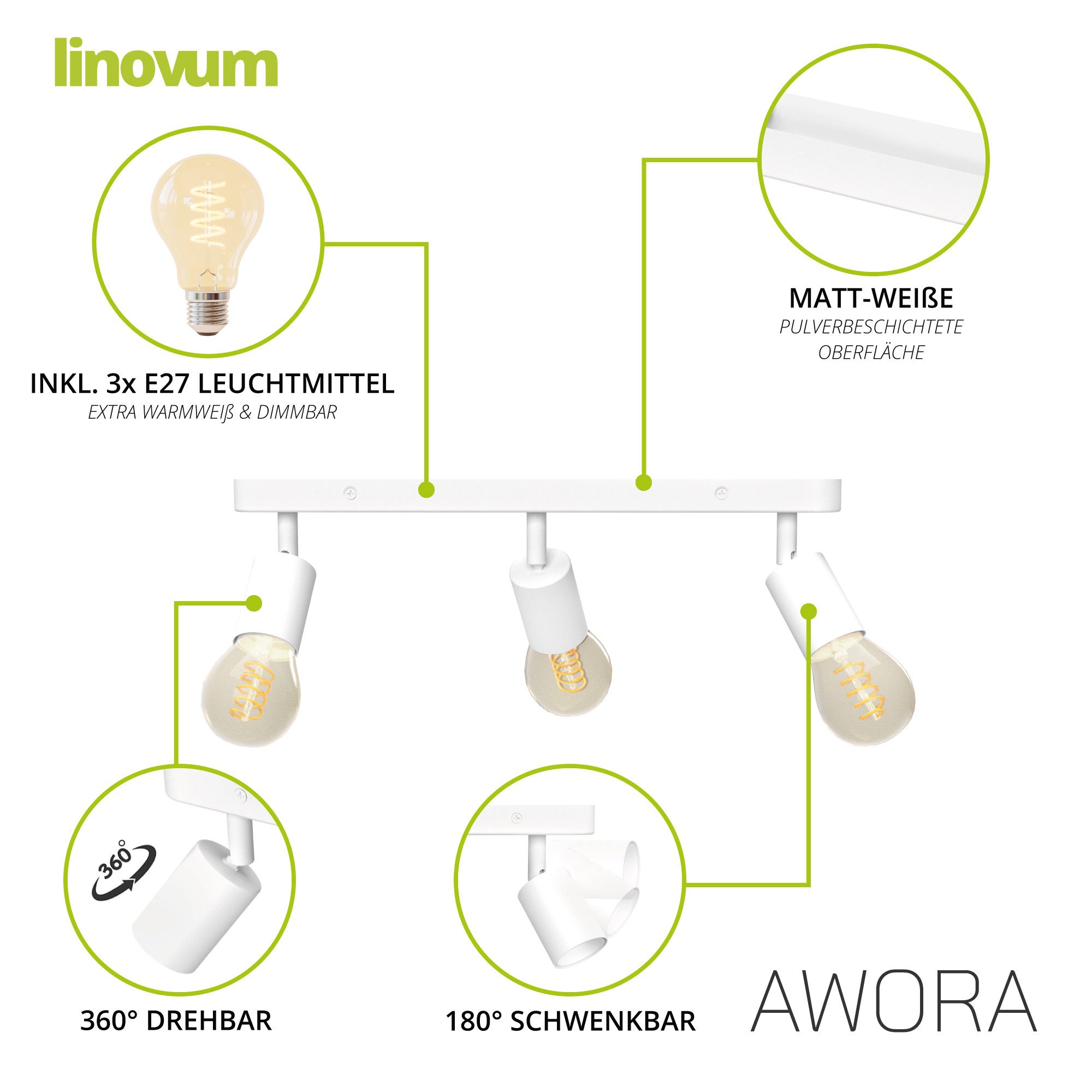 linovum LED Aufbaustrahler AWORA Deckenlampe 3 flammig weiß LED dimmbar extra warmweiß Deckenspot, Extra Warmweiß
