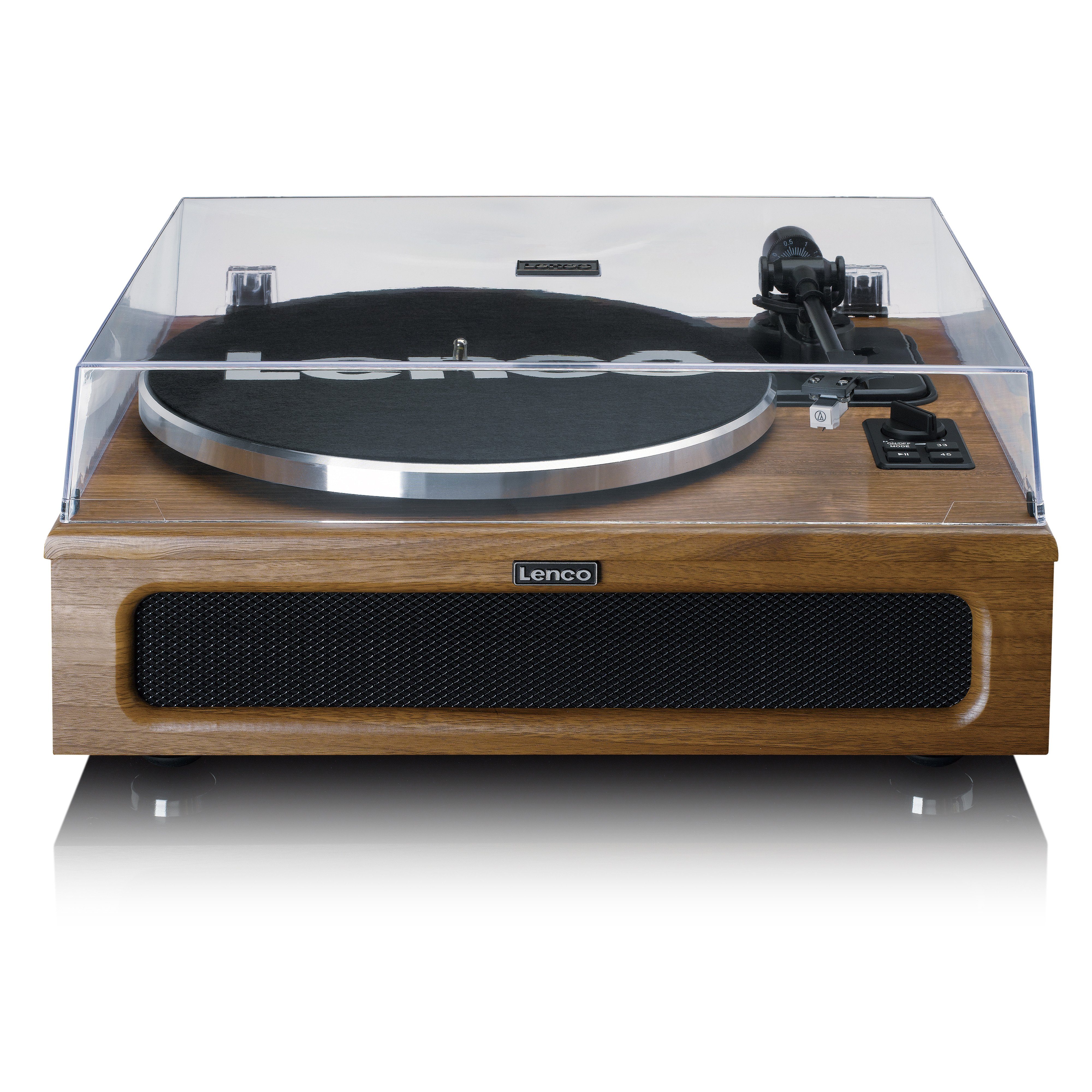 Lenco LS-410WA Plattenspieler (Riemenantrieb, Bluetooth, Bluetooth 5.0, integr. 40W-RMS-Lautsprecher & Audio-Technica, Walnuss)