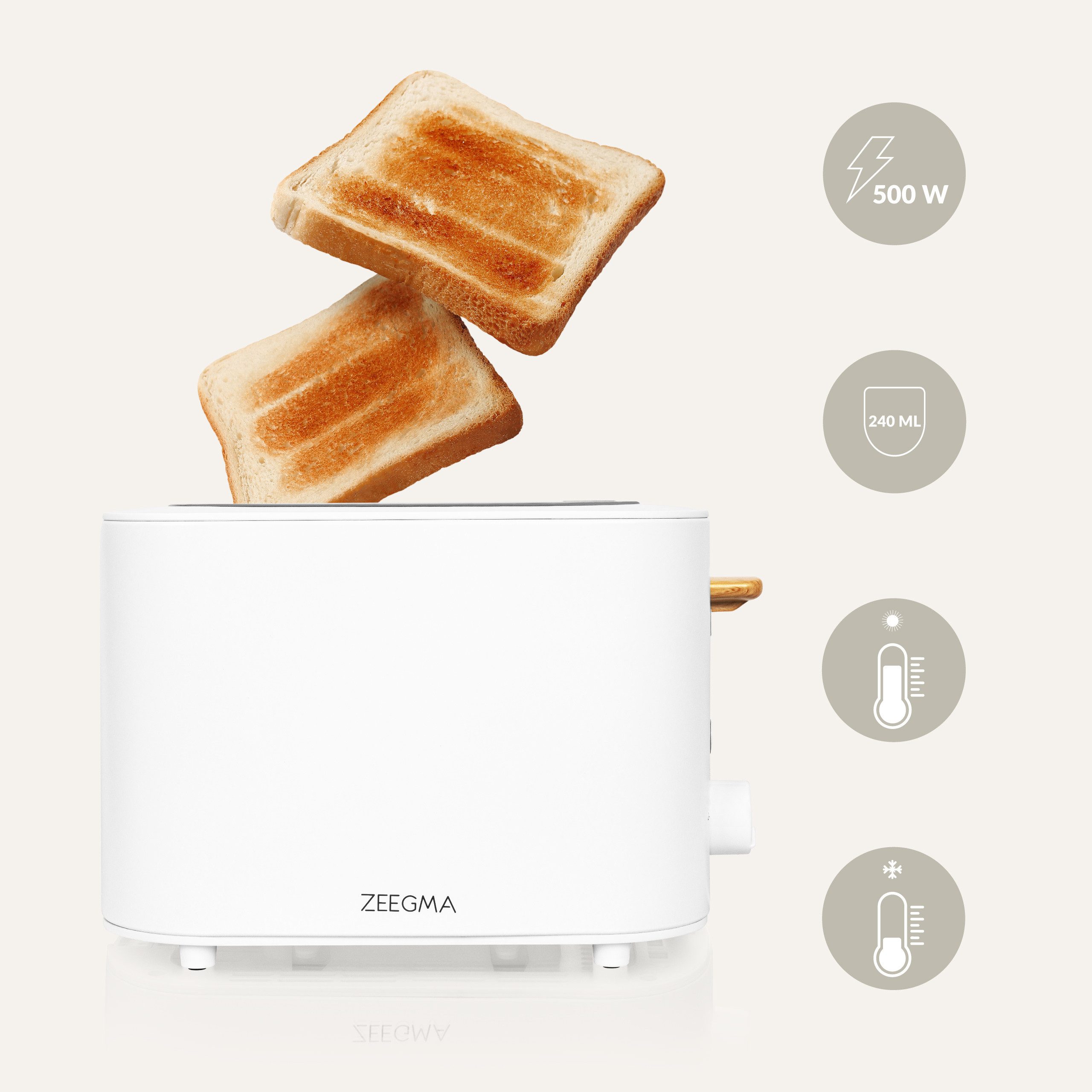 Zeegma Toaster TOSTEE, 2 kurze Schlitze, für 2 Scheiben, 1500,00 W, 1250-1500W/Krümelfach/Auftau- & Aufwärmfunktion