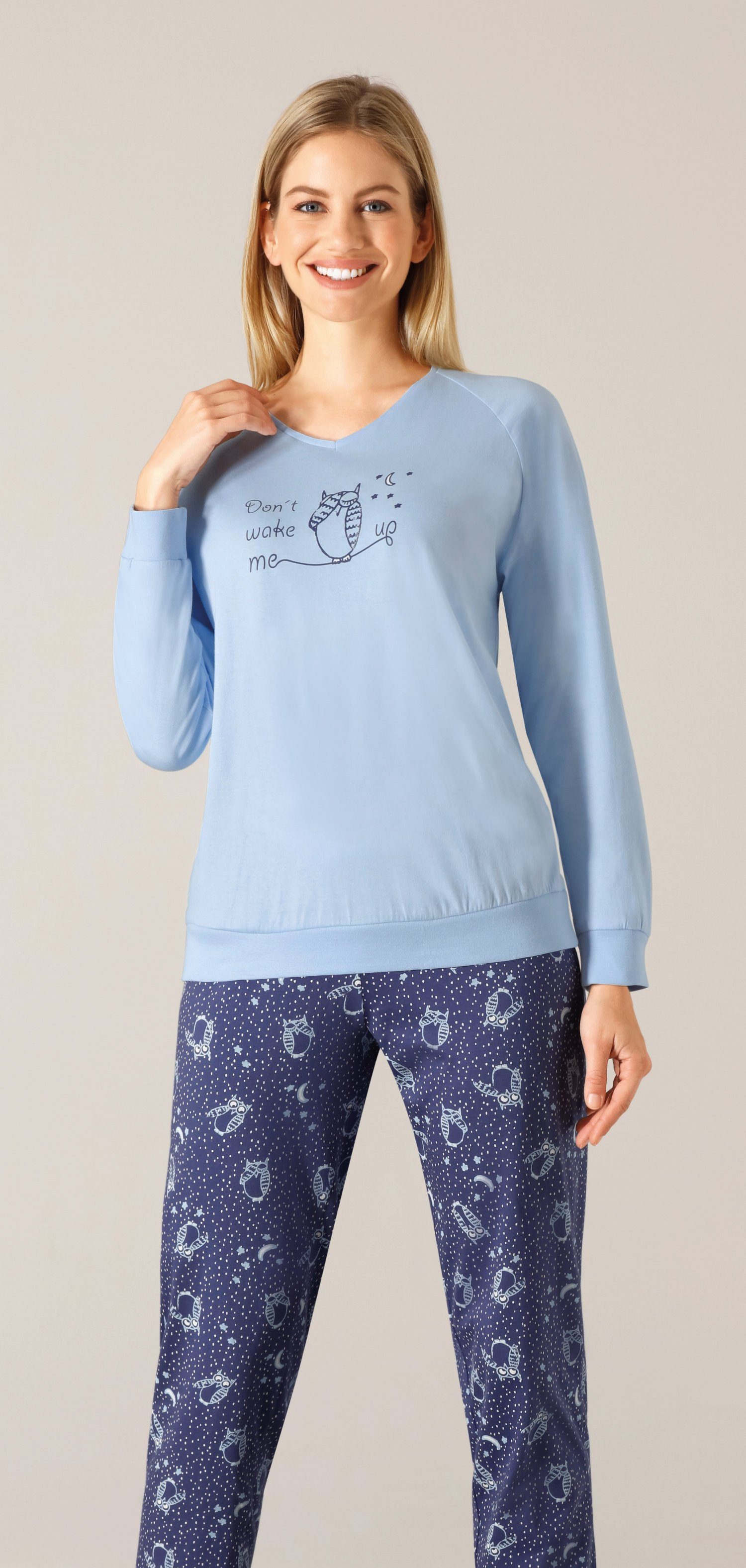 Hajo Schlafanzug Damen Pyjama mit Eulen (2 tlg) Baumwolle