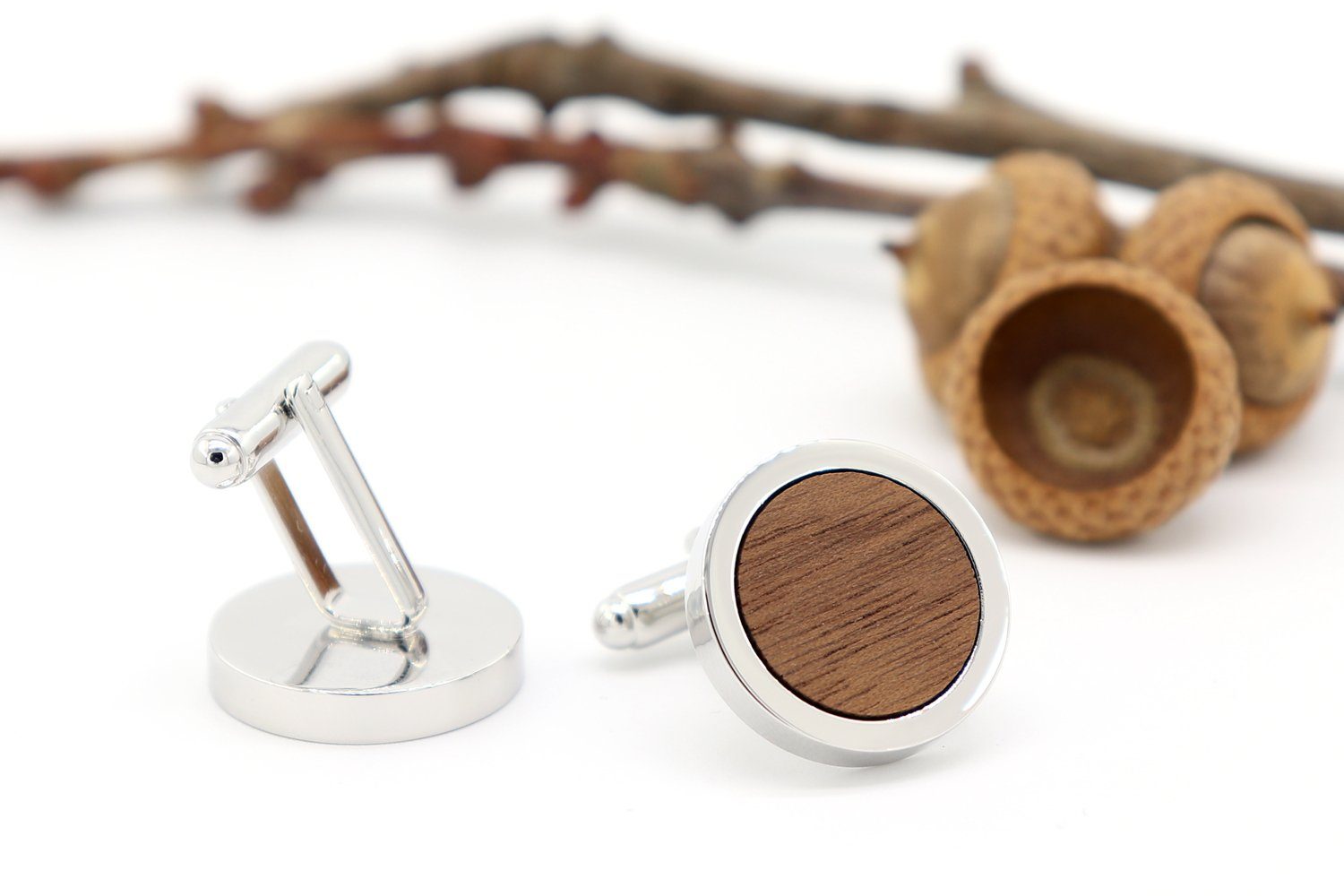 NaturSchatulle Manschettenknöpfe Holz Klassik Rund (schwarz / silber, aus Nussbaum Holz), Cufflinks zur Hochzeit, Anzug