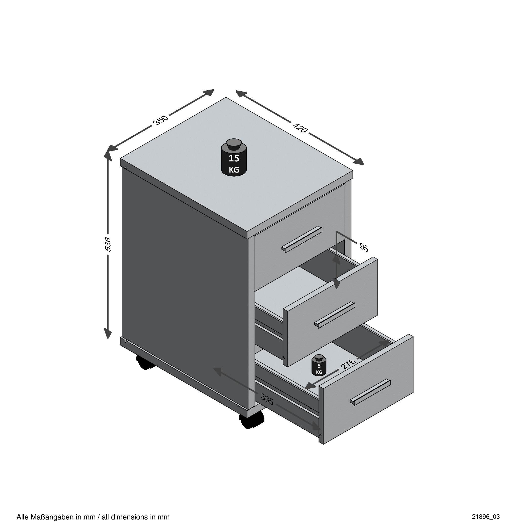 mit 2, Rollcontainer FMD sandeichefarben/weiß Hochglanz 3 Diego Schubkästen