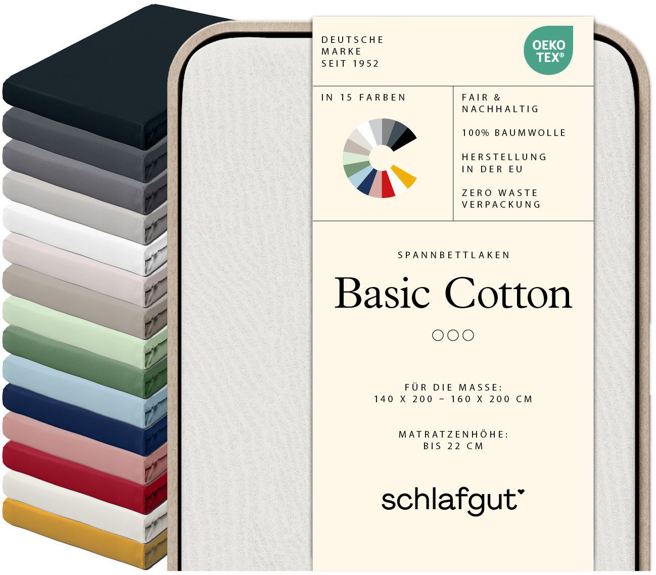 Schlafgut Spannbettlaken Basic Cotton Bettlaken, 160 g/m², 100% Baumwolle, Spannbetttuch, Jersey, Gummizug: rundum, (1 Stück), Spannbettlaken bis 22 cm Matratzenhöhe, bügelfrei und pflegeleicht