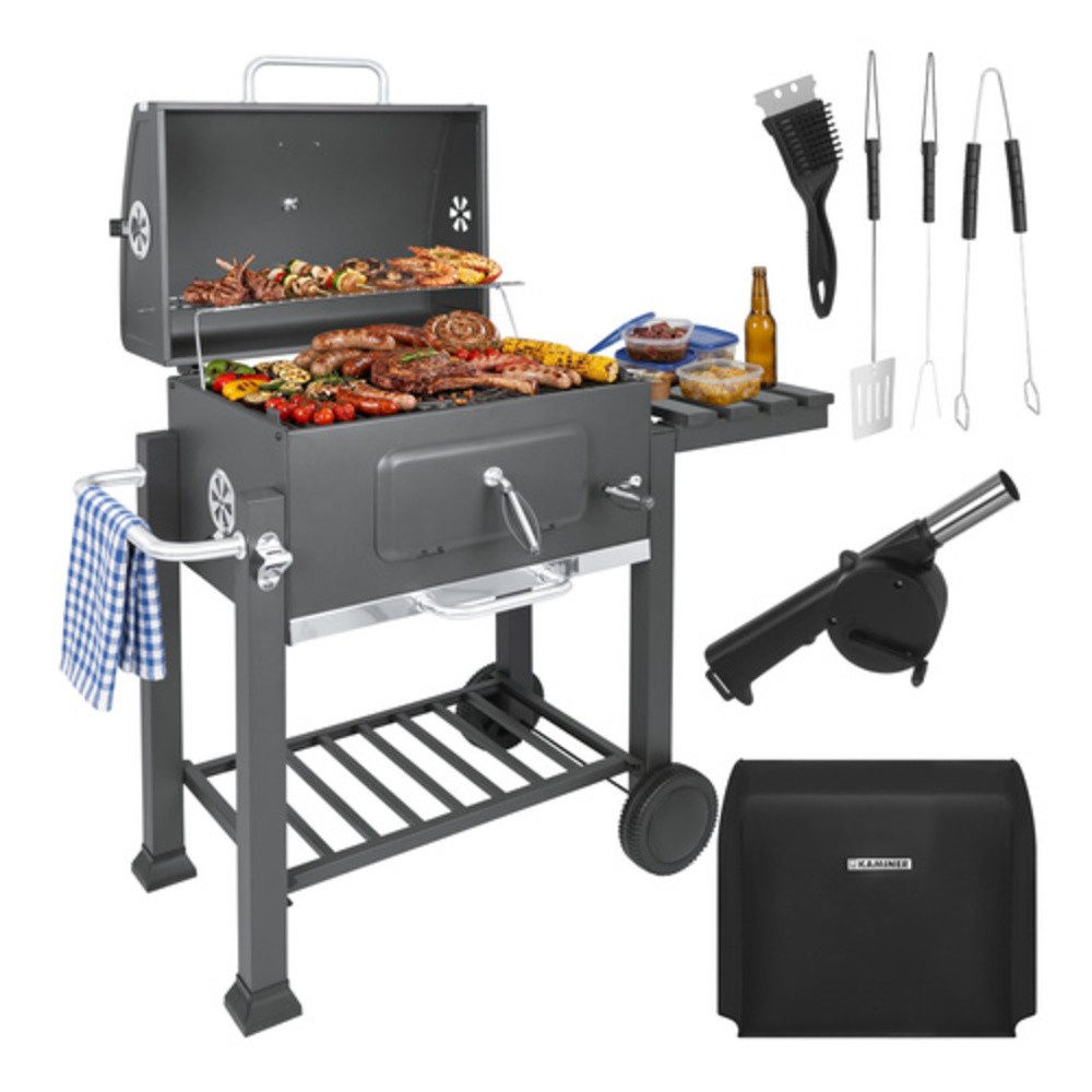 Kaminer Holzkohlegrill Gartengrill Holzkohlegrill, Spar-Set, mit Abdeckung, dickes Stahlblech und Schrauben der Härteklasse 8.8
