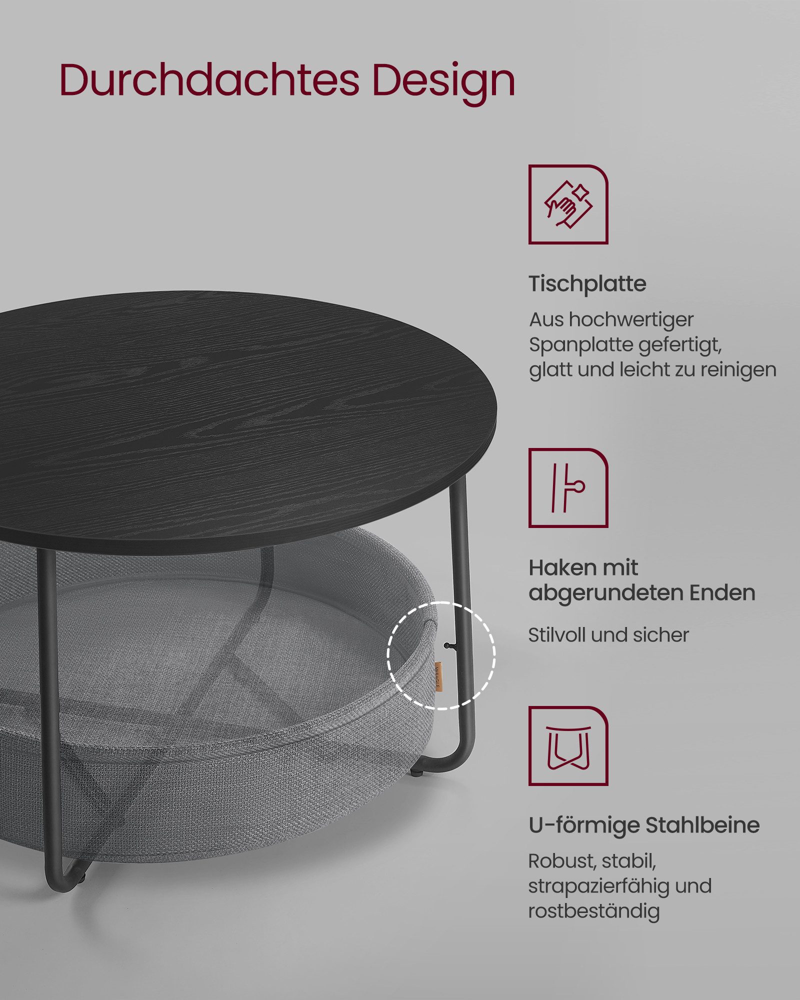 VASAGLE Couchtisch mit großem Stoffkorb, viel Stauraum, Sofatisch, Metallgestell (inkl. Zubehörpaket & Anleitung), Beistelltisch rund Wohnzimmertisch modern minimalistisch, ∅75 x 45 cm