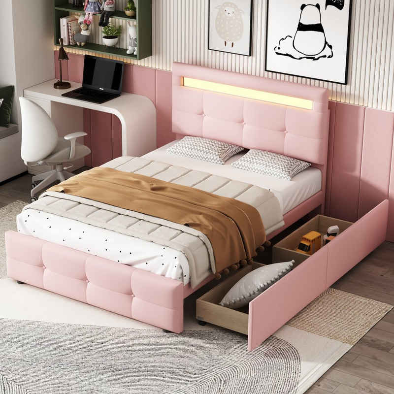 HAUSS SPLOE Bett Einzelbett Funktionsbett Bettrahmen KInderbett (mit LED-Leuchten, 2 Schubladen, hautfreundlicher Leinenpolsterung flach)