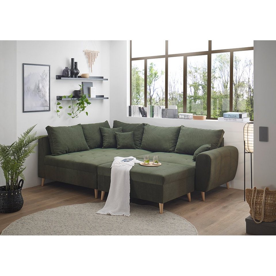 Lomadox Ecksofa LOMADOX Ecksofa, moosgrün Polstergarnitur mit 8 Kissen  Rücken echt 249x94x175 cm