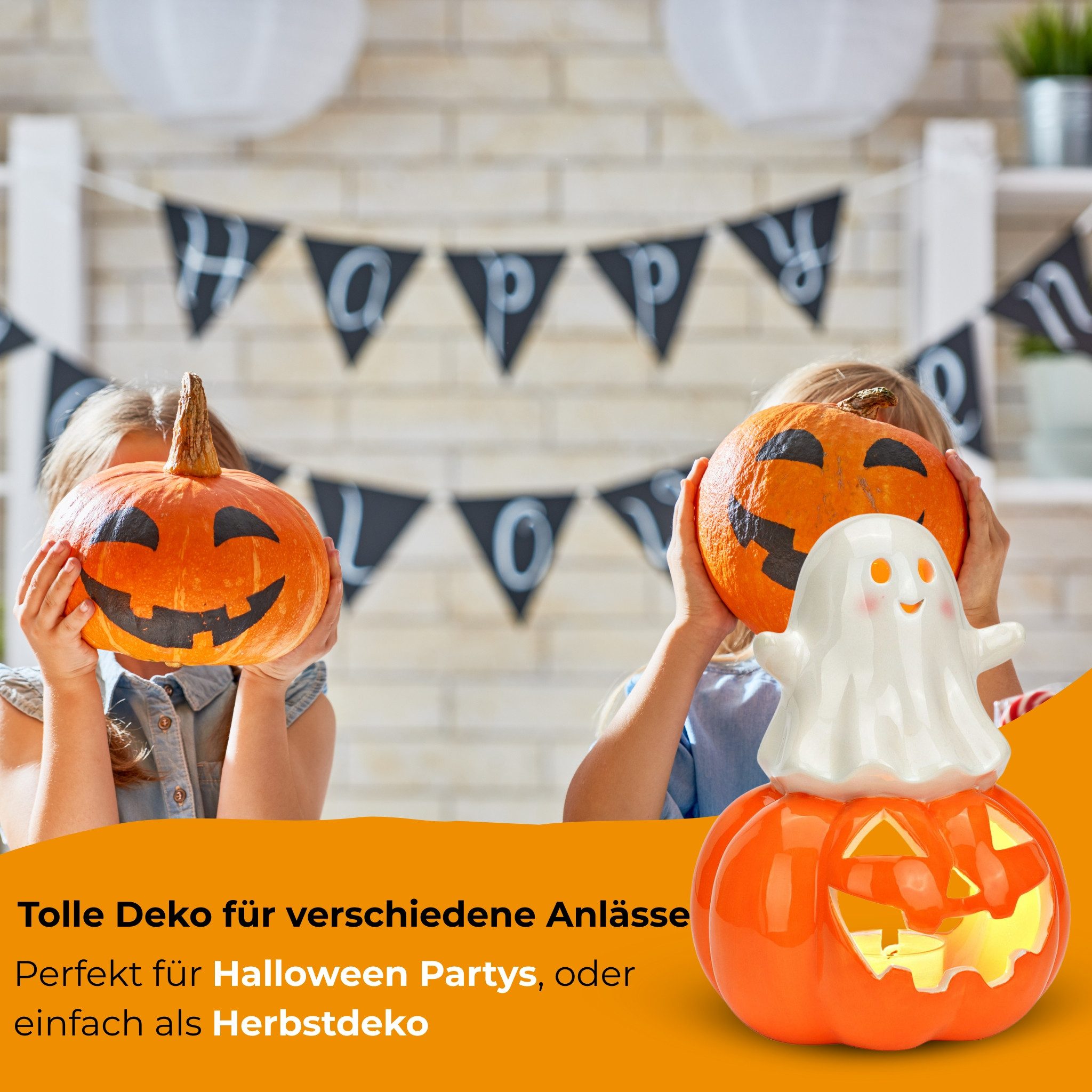 matches21 HOME & HOBBY Bilderrahmen Keramik Windlicht Geist & Kürbis, Weiß, Halloween Deko, 12 cm, (1 St), Ideal für Halloween-Partys & Herbstdeko – Bild 4 von 5