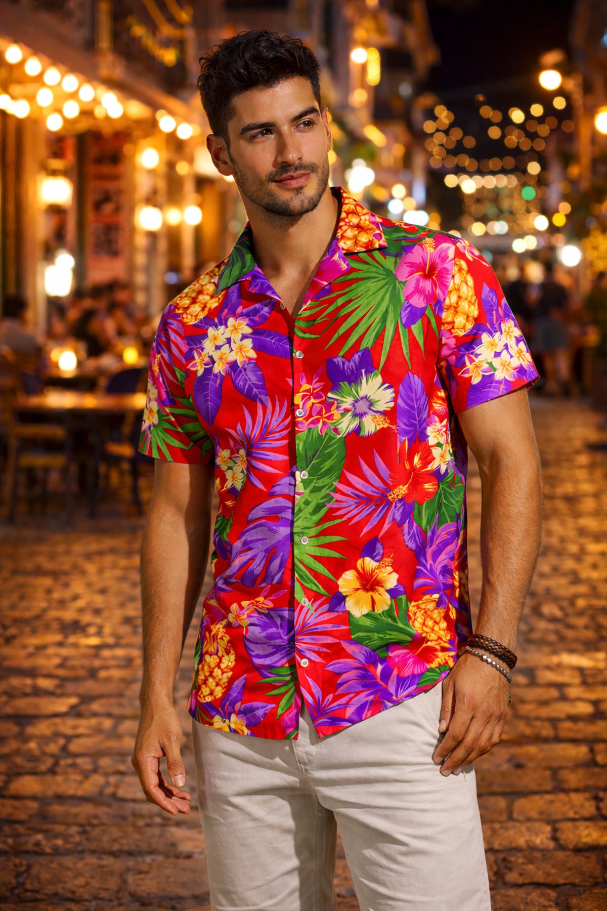 King Kameha Hawaiihemd "Pineapple" Funky Hawaii-Hemd Herren Kurzarm Front-Tasche Stylish