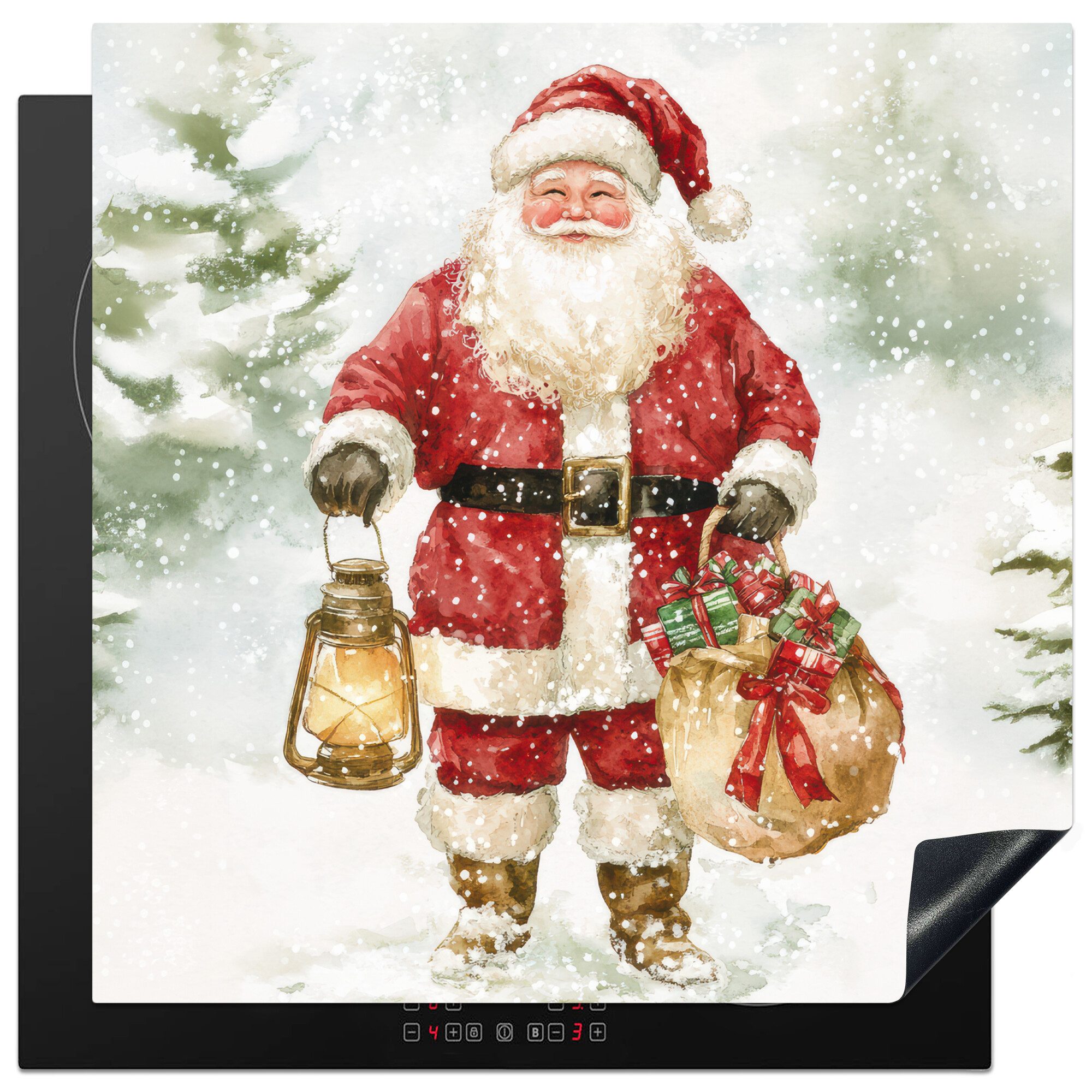 MuchoWow Herd-Abdeckplatte Weihnachtsmann - Winter - Schnee - Weiß - Rot, Vinyl, (1 tlg), Cerankochfeld Abdeckung, Herd Abdeckplatten Vinyl, 58x59 cm