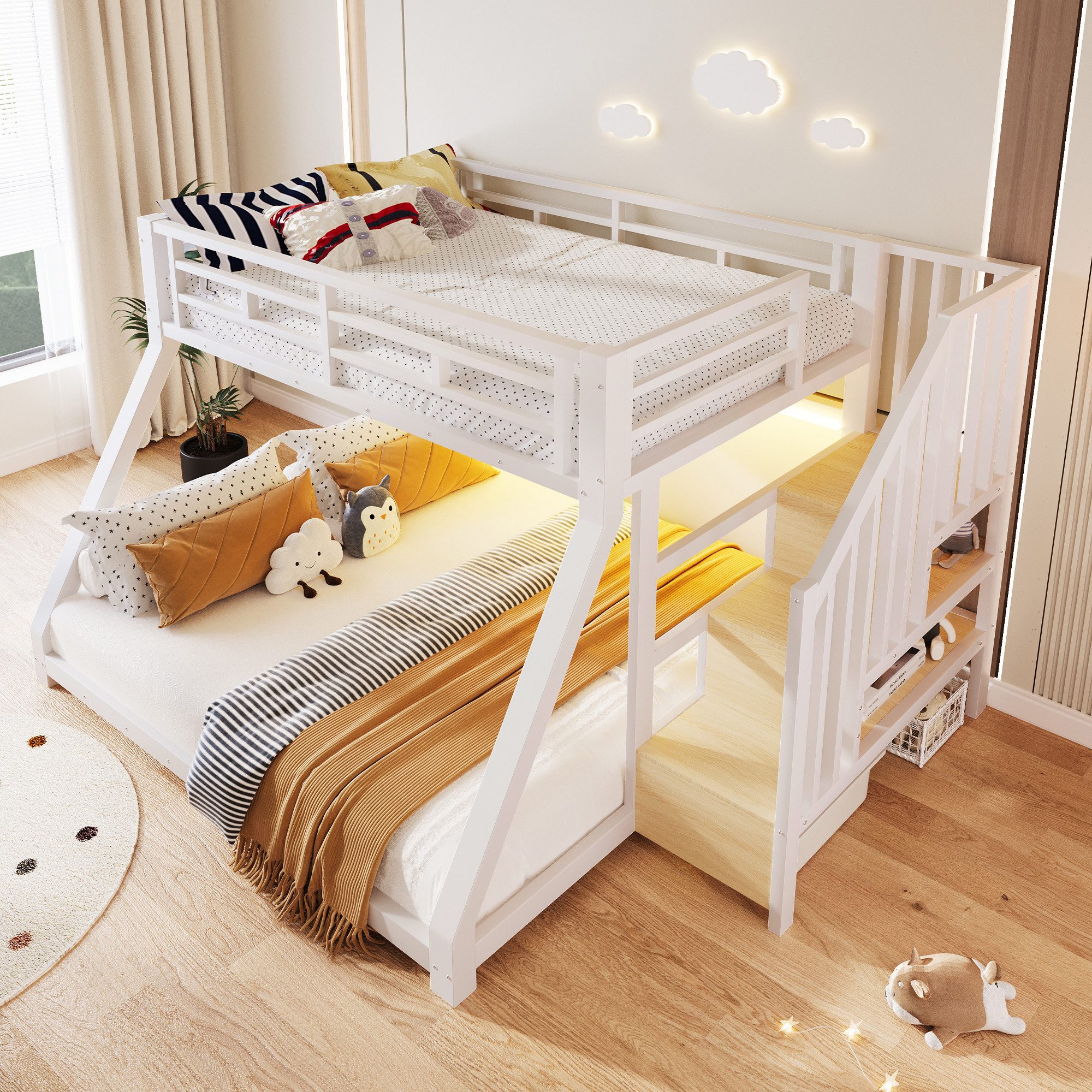 MODFU Etagenbett Jugendbett mit LED-Lichtleisten, Treppe mit Stauraum, Metallbett (Metallbett mit 3 Ablagefächern, Sicherheitsgeländer, 90x200 & 140x200 cm Funktionsbett), ohne Matratze