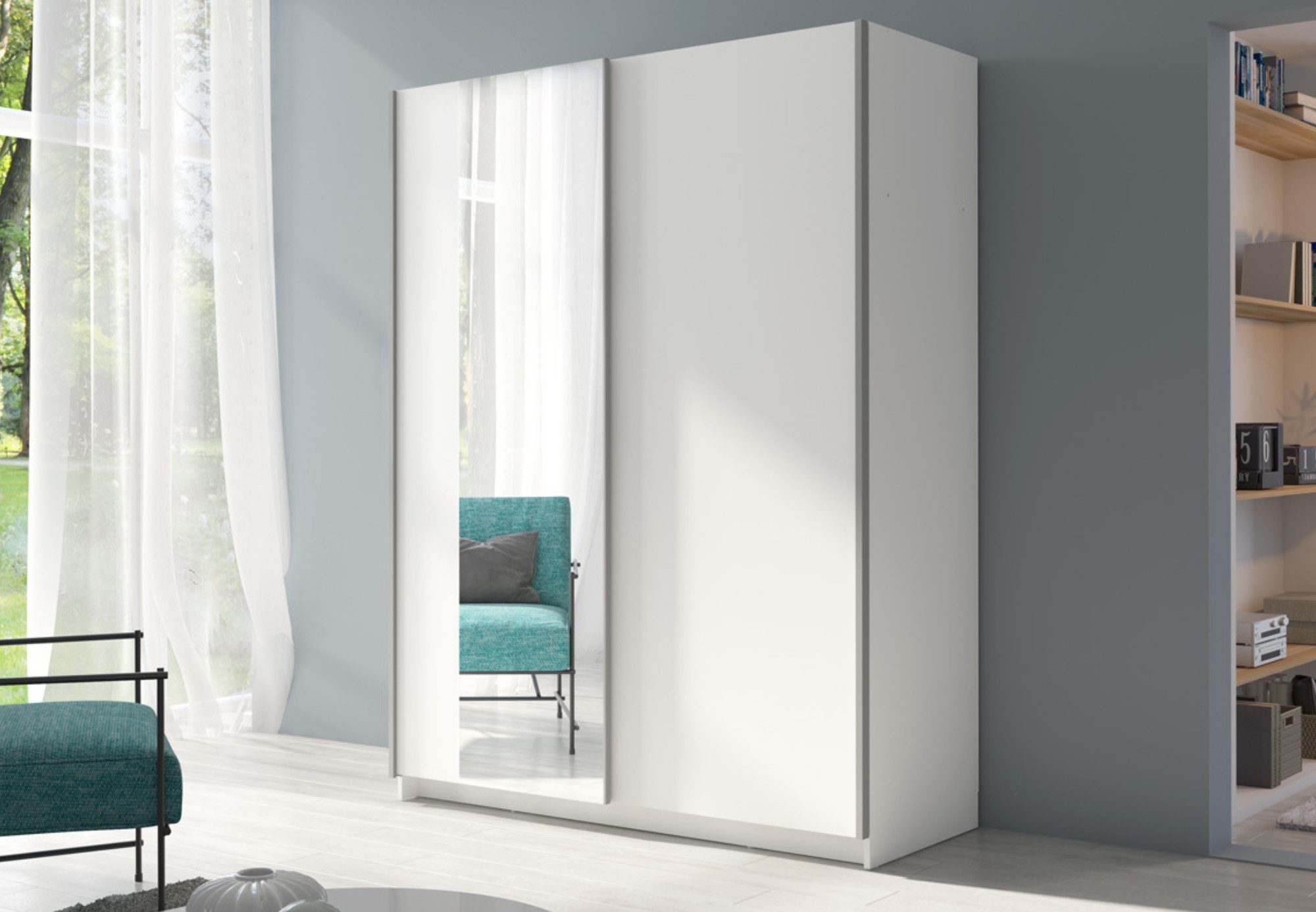 Home Collective Schwebetürenschrank Kleiderschrank Schlafzimmerschrank Schrank Garderobe, 150 oder 180 cm (mit einseitigem Spiegel an der linken Schiebetür) 4 Böden & Kleiderstange für viel Stauraum Weiß 150 cm Breite