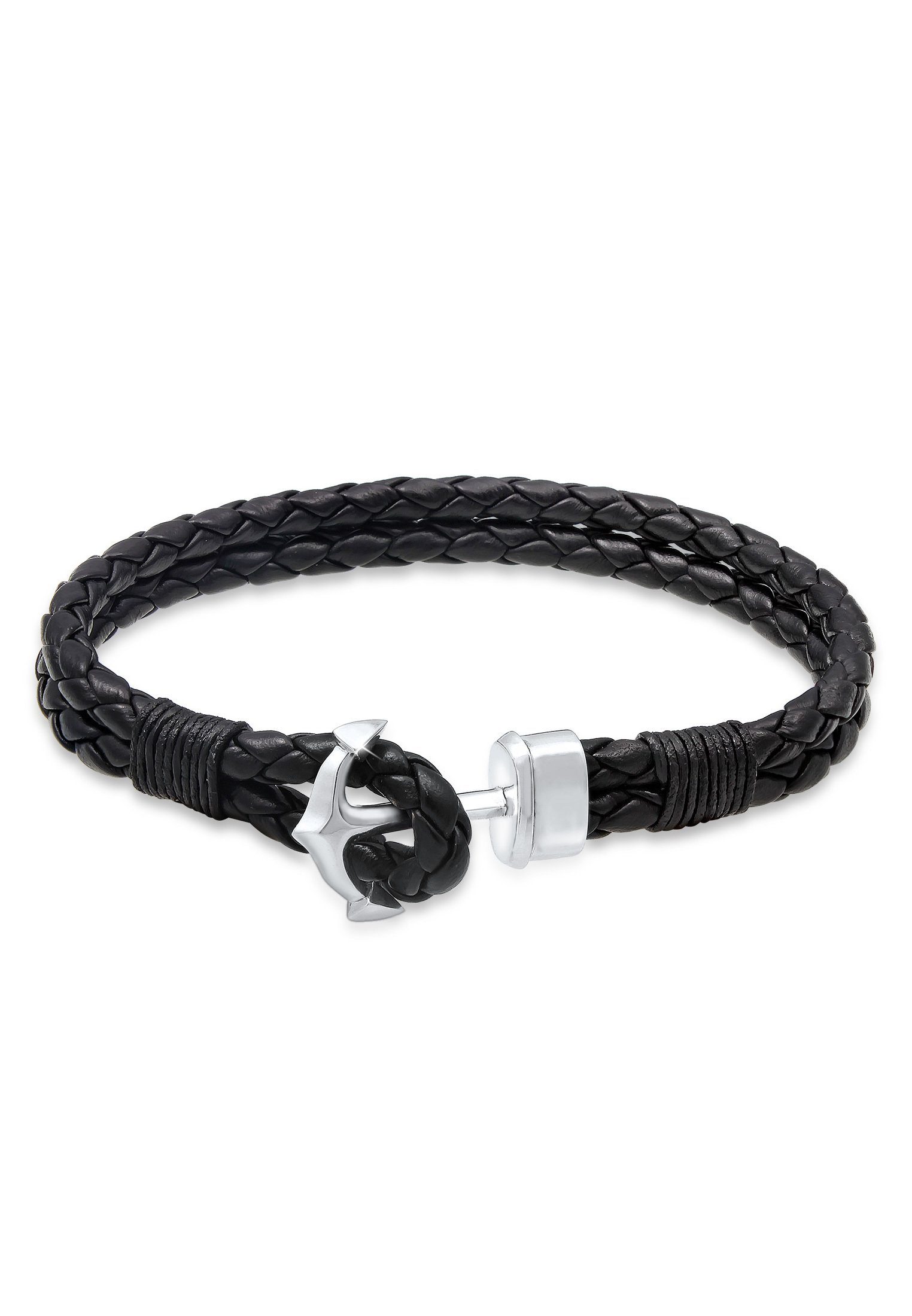 Kuzzoi Armband Herren Basic Anker Echtleder Geflochten 925 Silber | Silberarmbänder