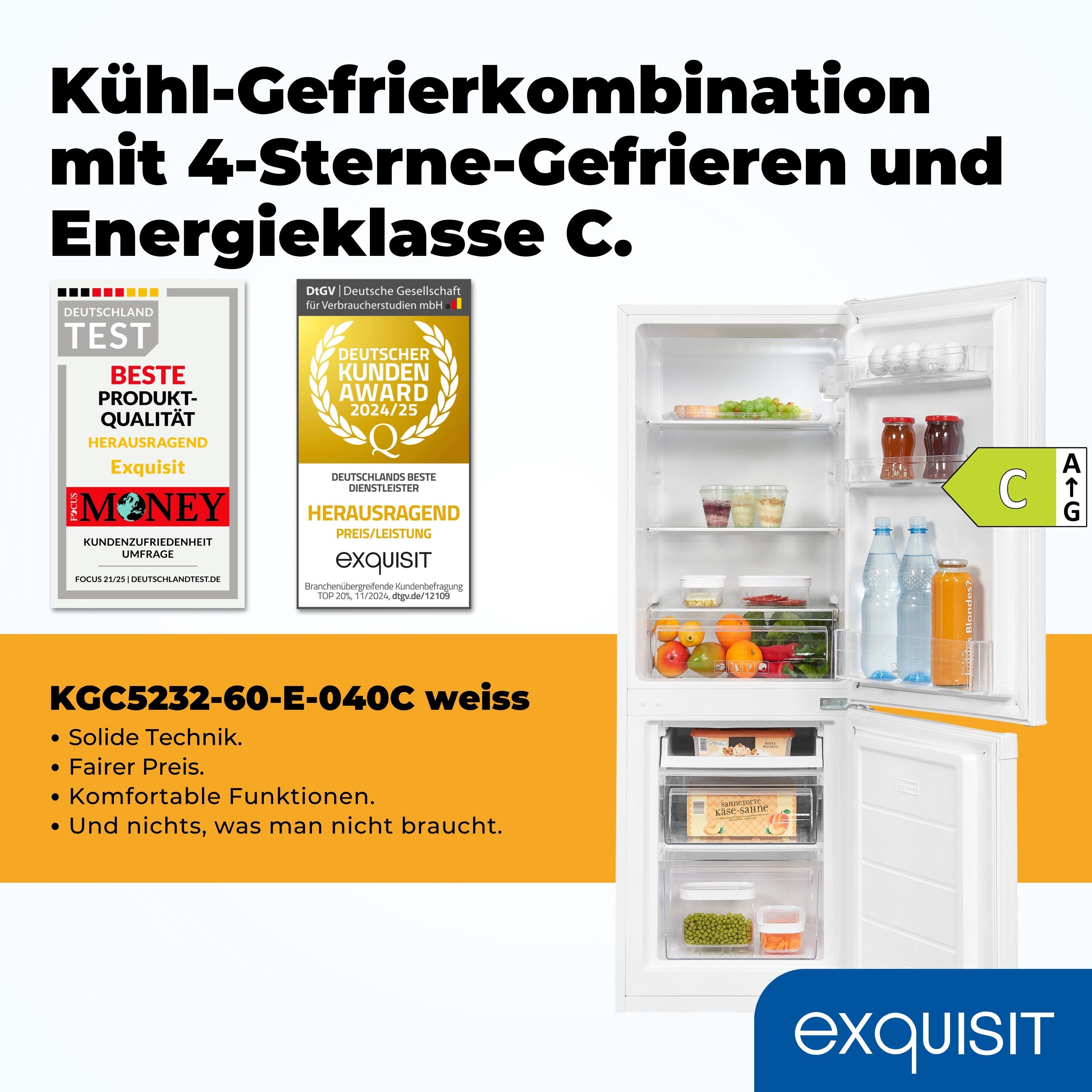 exquisit Kühl-/Gefrierkombination KGC5232-60-E-040C, 142.5 cm hoch, 49.5 cm breit, LED-Licht, 4-Sterne-Leistung, Elektronische Temperaturregelung