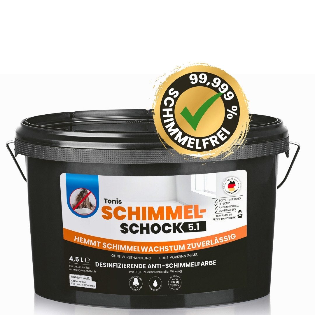 Tonis SCHIMMELSCHOCK Wandfarbe Anti-Schimmel-Farbe 4,5 Liter, Desinfizierender Schimmel-Blocker, Wandfarbe für ca. 18 m2, Schimmel sofort und zuverlässig entfernen