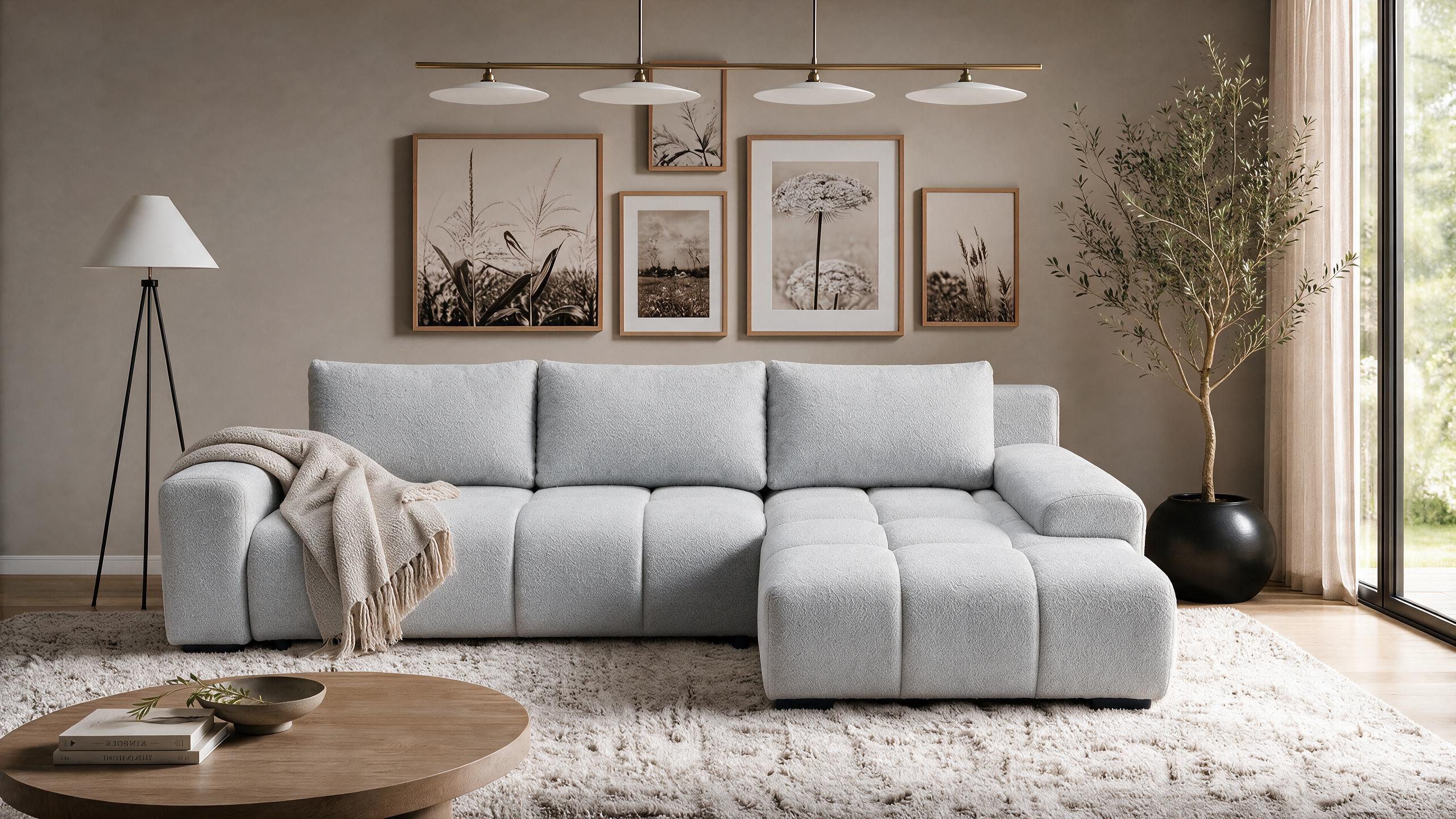 storez24 Ecksofa Ovia, mit Bettkasten und Schlaffunktion, Bouclé-Stoff, L-Form, bequem