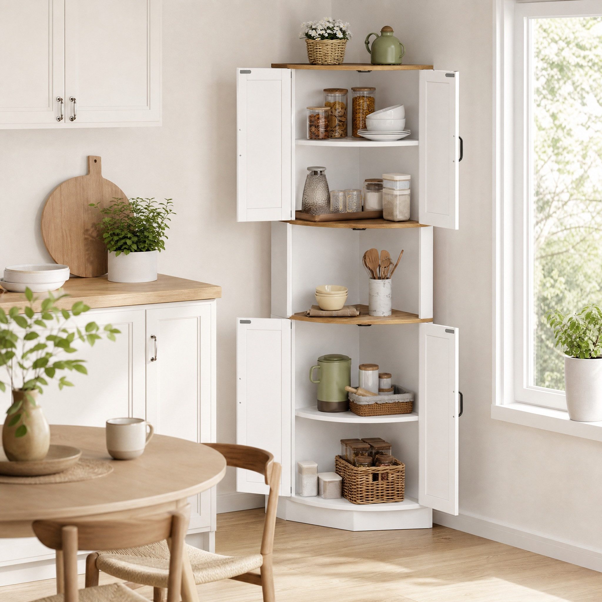 REDOM Eckschrank Platzsparendes Eckmöbelstück (mit 5 Staufächern, Vintage-Küchenschrank in weißer Holzoptik – platzsparend, stabil & vielseitig einsetzbar für Küche, Esszimmer & Wohnzimmer, ideal für Familien & Singles, 1-St., 39,5×39,5×180cm) mit Kippschutzvorrichtung