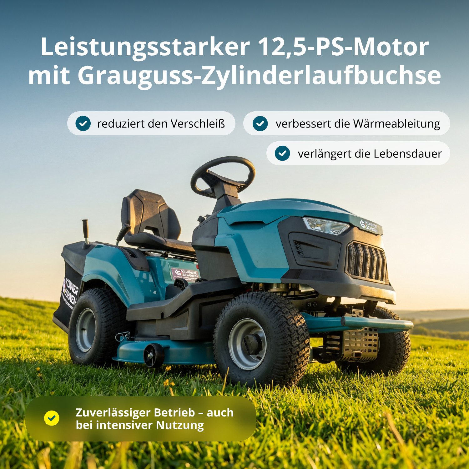 Könner & Söhnen Rasentraktor KS 98TMG-H – 98 cm, Hydrostat-Getriebe, 452 cm³ (Gusseisen-Zylinder), 98 cm Schnittbreite, 12,5 PS, Hydro-Gear, 245L Korb für bis 12000 m²
